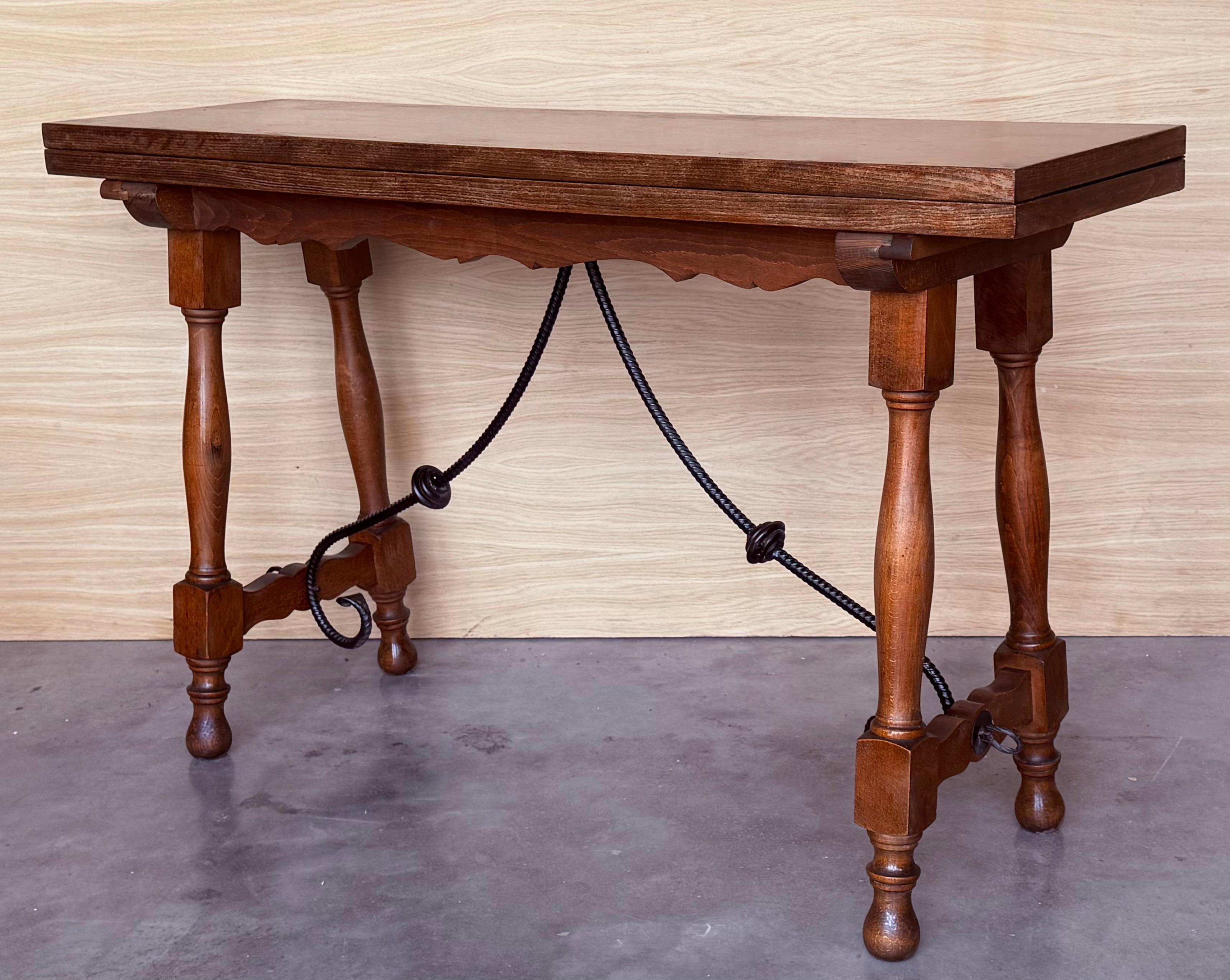 20th Century Spanish Console Fold Out Farm Table with Wood Stretcher For Sale 3