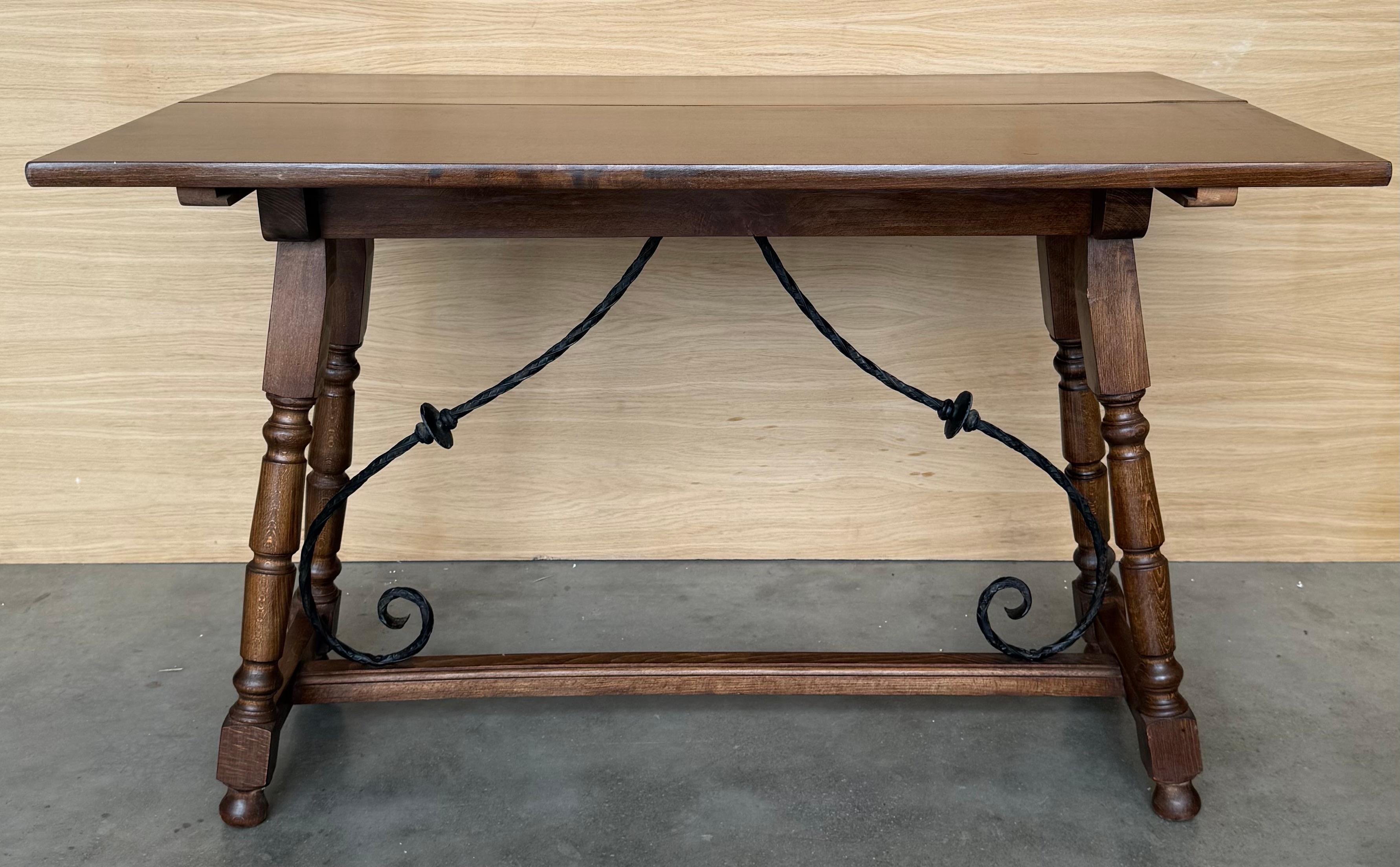 20th Century Spanish Console Fold Out Farm Table with Wood Stretcher For Sale 3