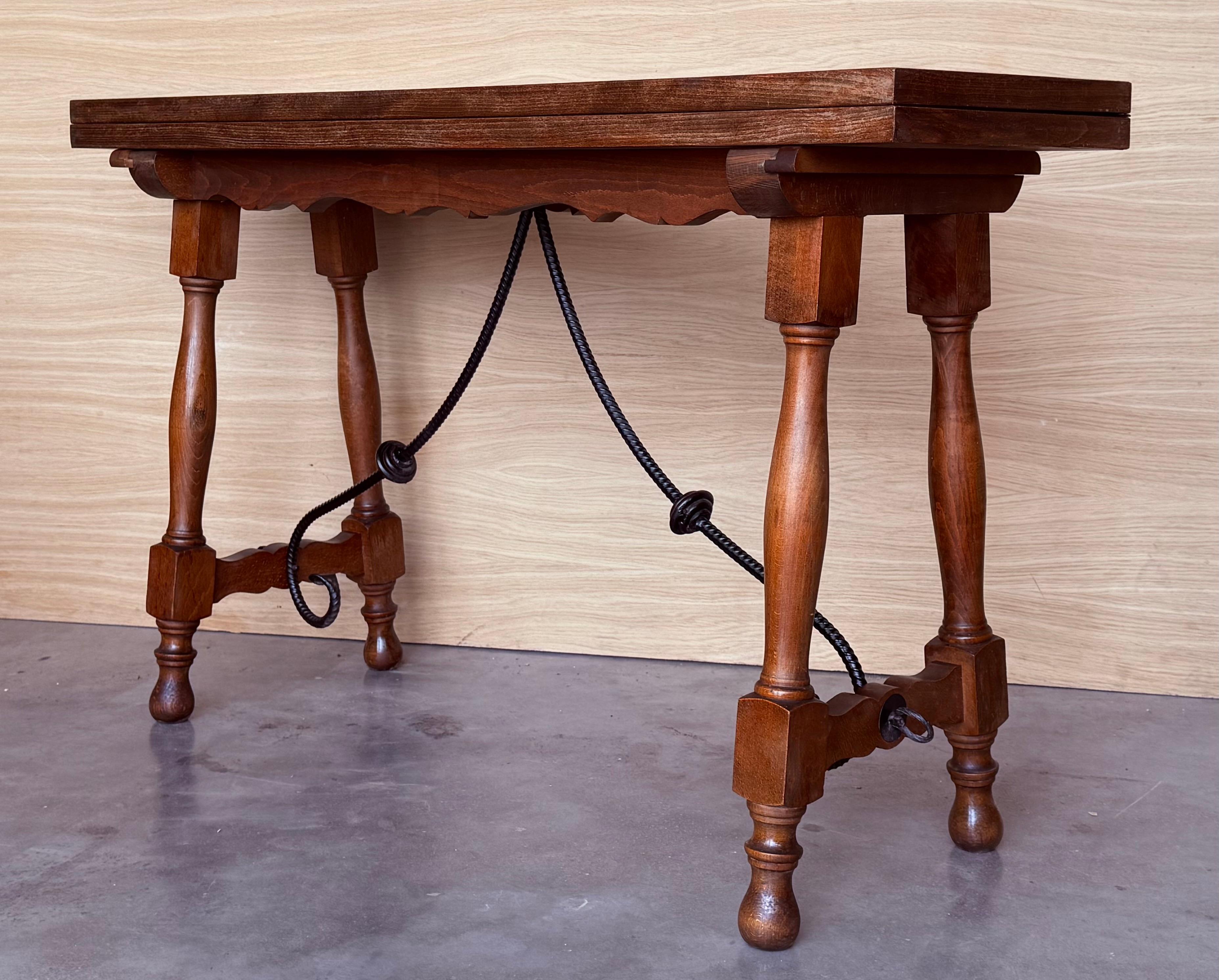 20th Century Spanish Console Fold Out Farm Table with Wood Stretcher For Sale 4