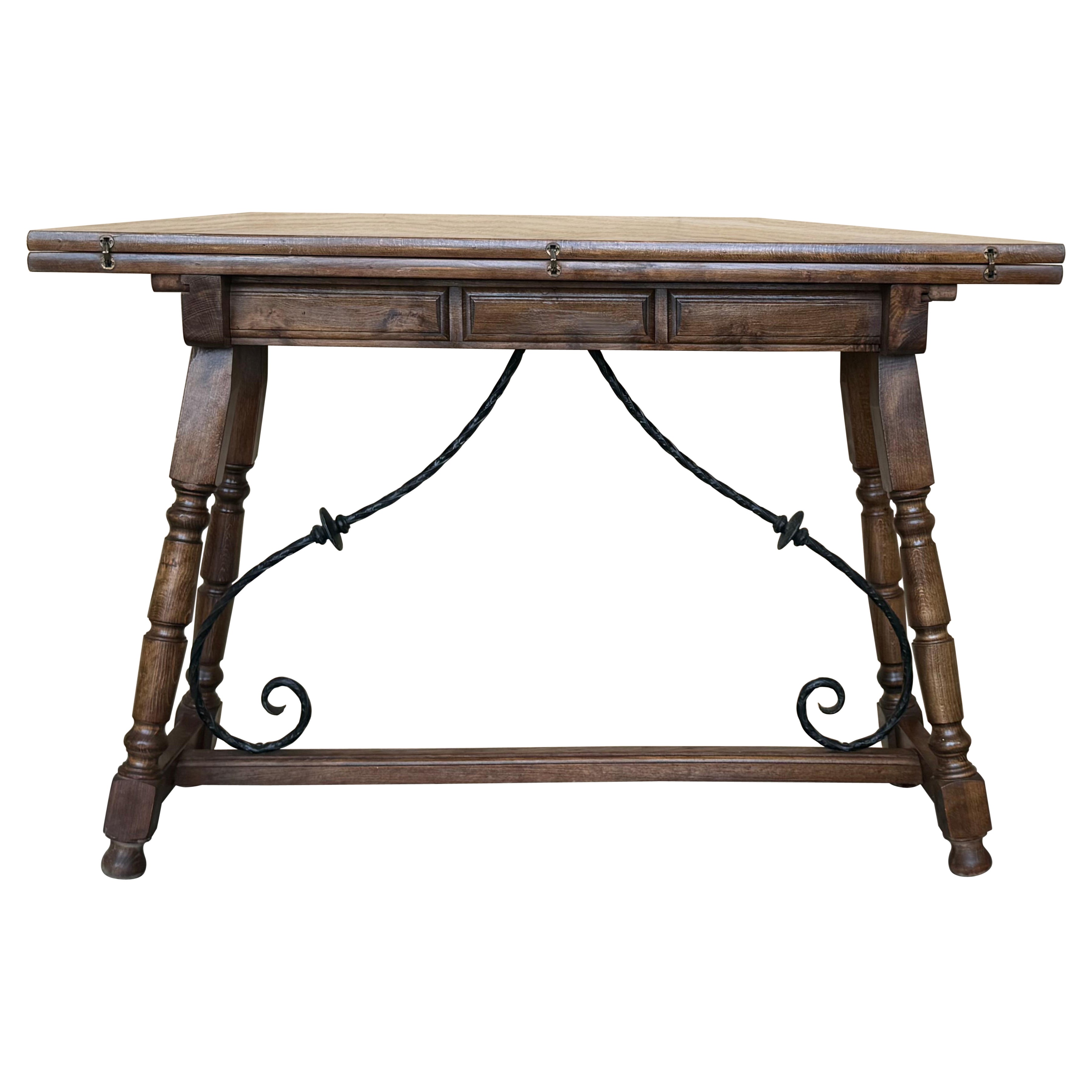 20th Century Spanish Console Fold Out Farm Table with Wood Stretcher