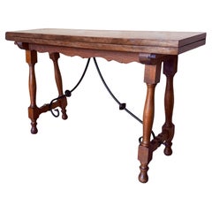 20th Century Spanish Console Fold Out Farm Table with Wood Stretcher