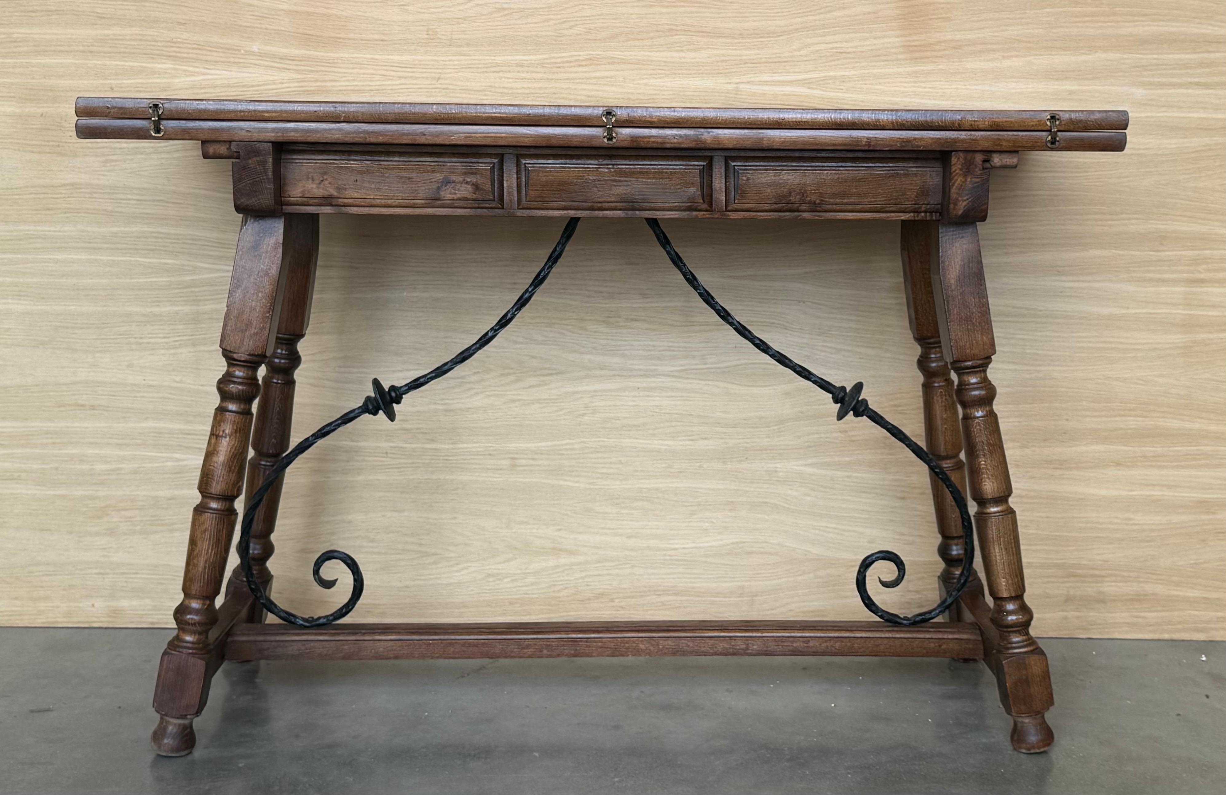 20th Century Spanish Console Fold Out Farm Table with Wood Stretcher For Sale
