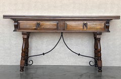 20th Century Spanish Console Fold Out Table with Iron Stretcher and Two Drawers