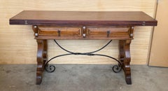 20th Century Spanish Console Fold Out Table with Iron Stretcher and Two Drawers