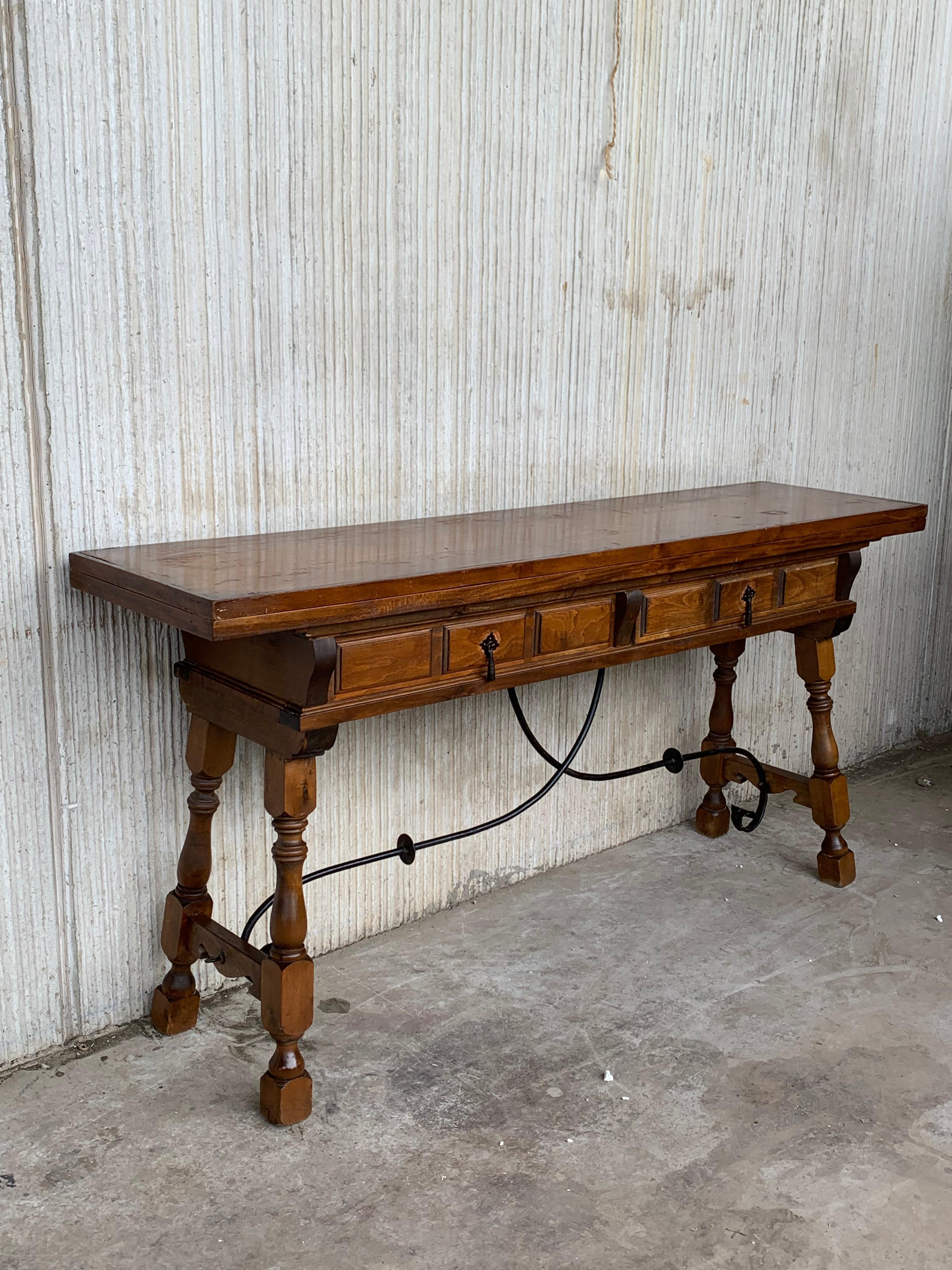 Spanish Colonial 20th Century Spanish Console Fold Out Table with Iron Stretcher and Two Drawers