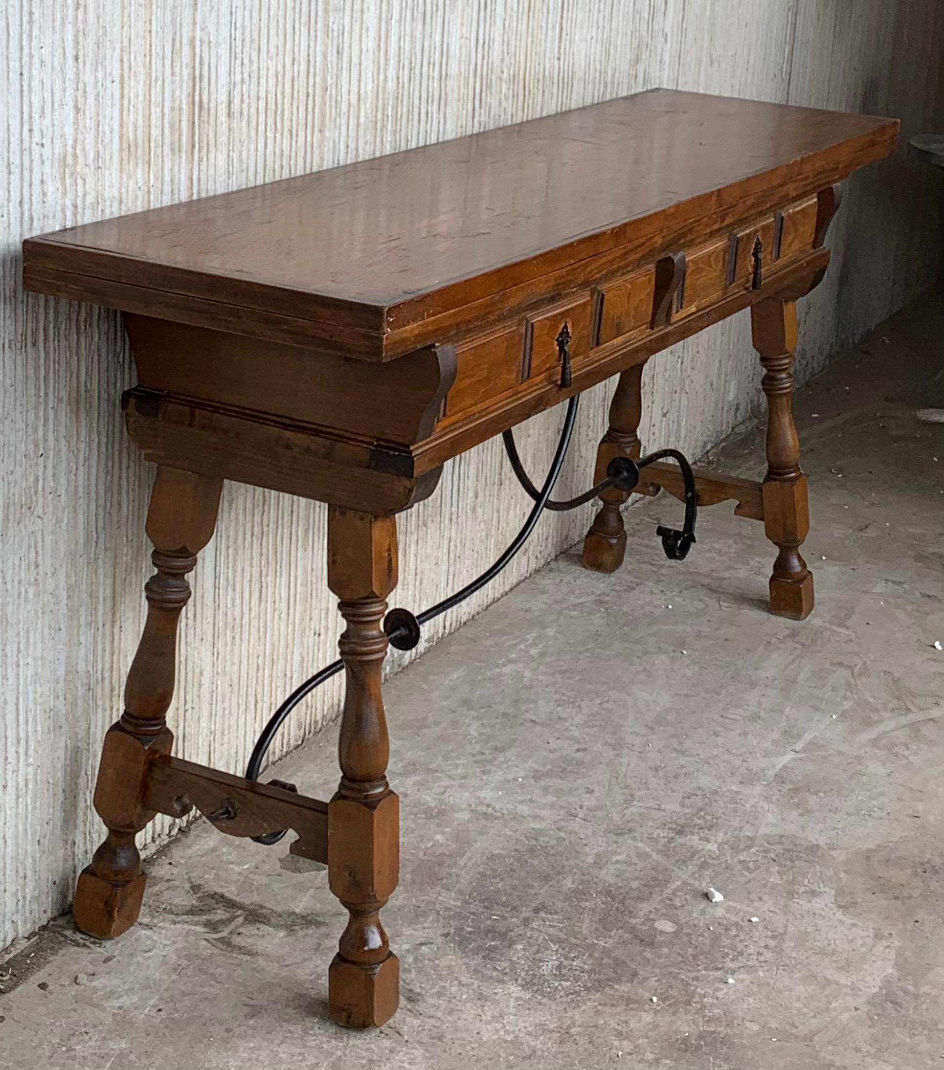 20th Century Spanish Console Fold Out Table with Iron Stretcher and Two Drawers In Good Condition In Miami, FL