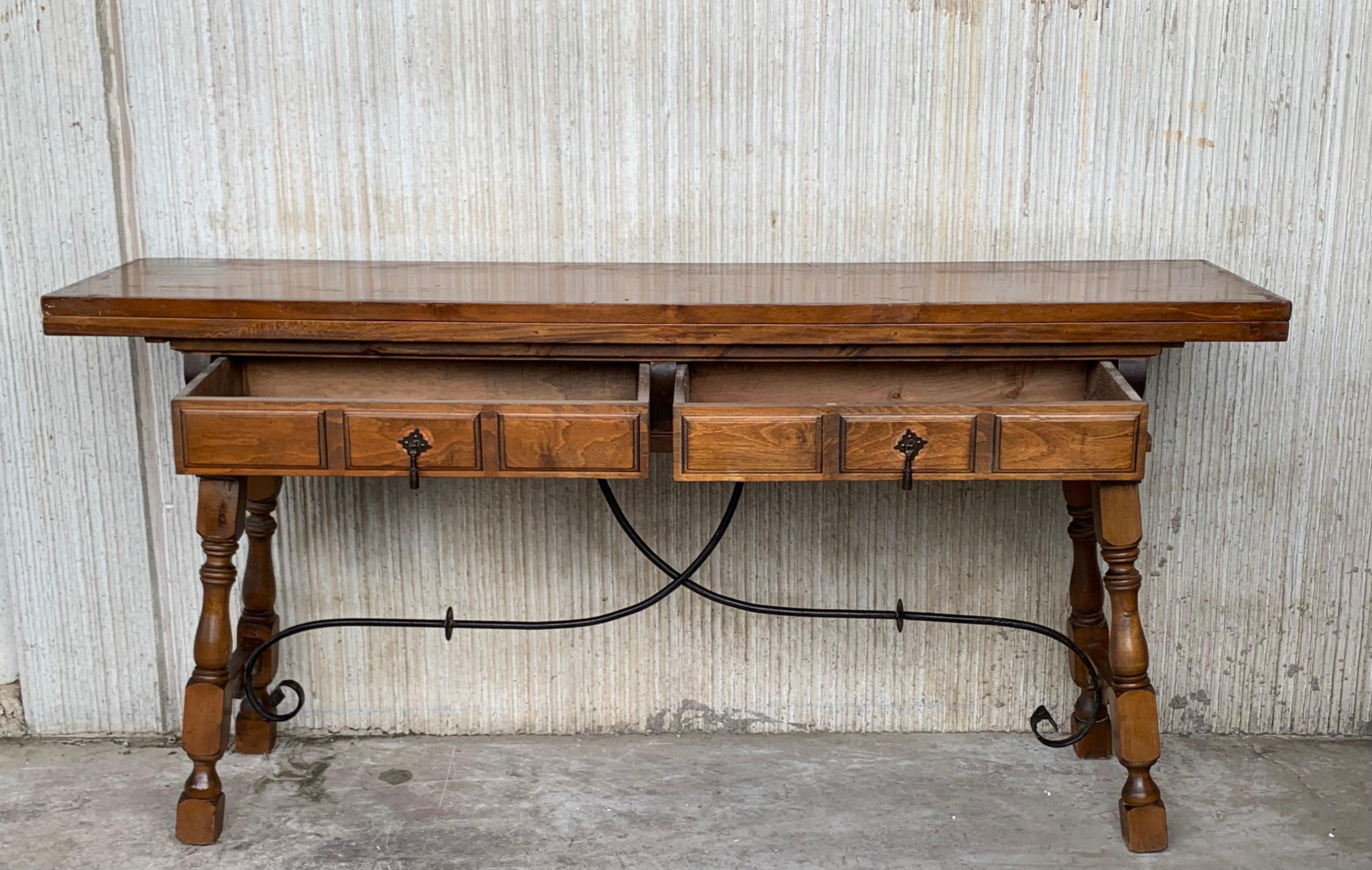 20th Century Spanish Console Fold Out Table with Iron Stretcher and Two Drawers 2