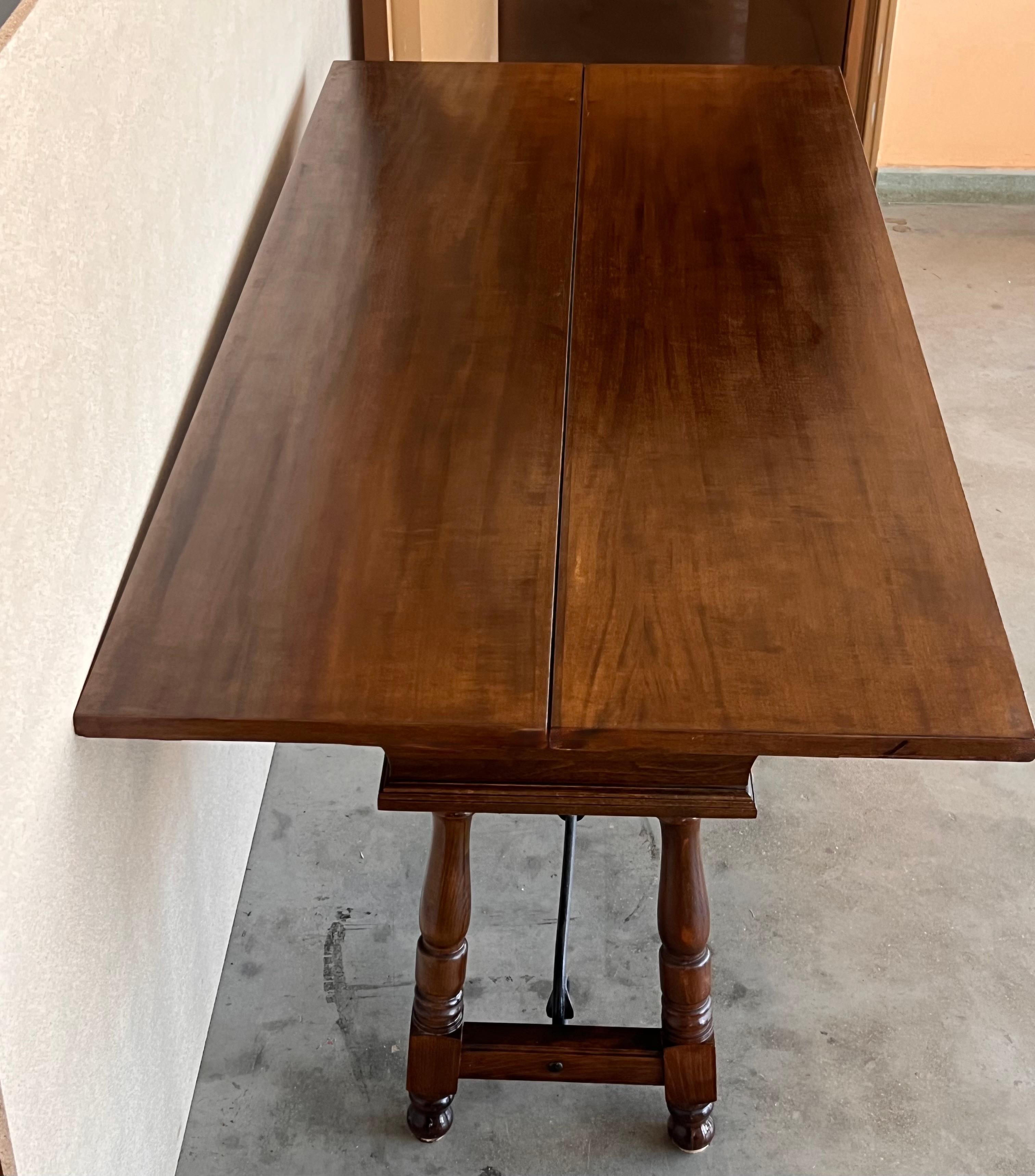 20th Century Spanish Console Fold Out Table with Iron Stretcher and Two Drawers In Good Condition For Sale In Miami, FL