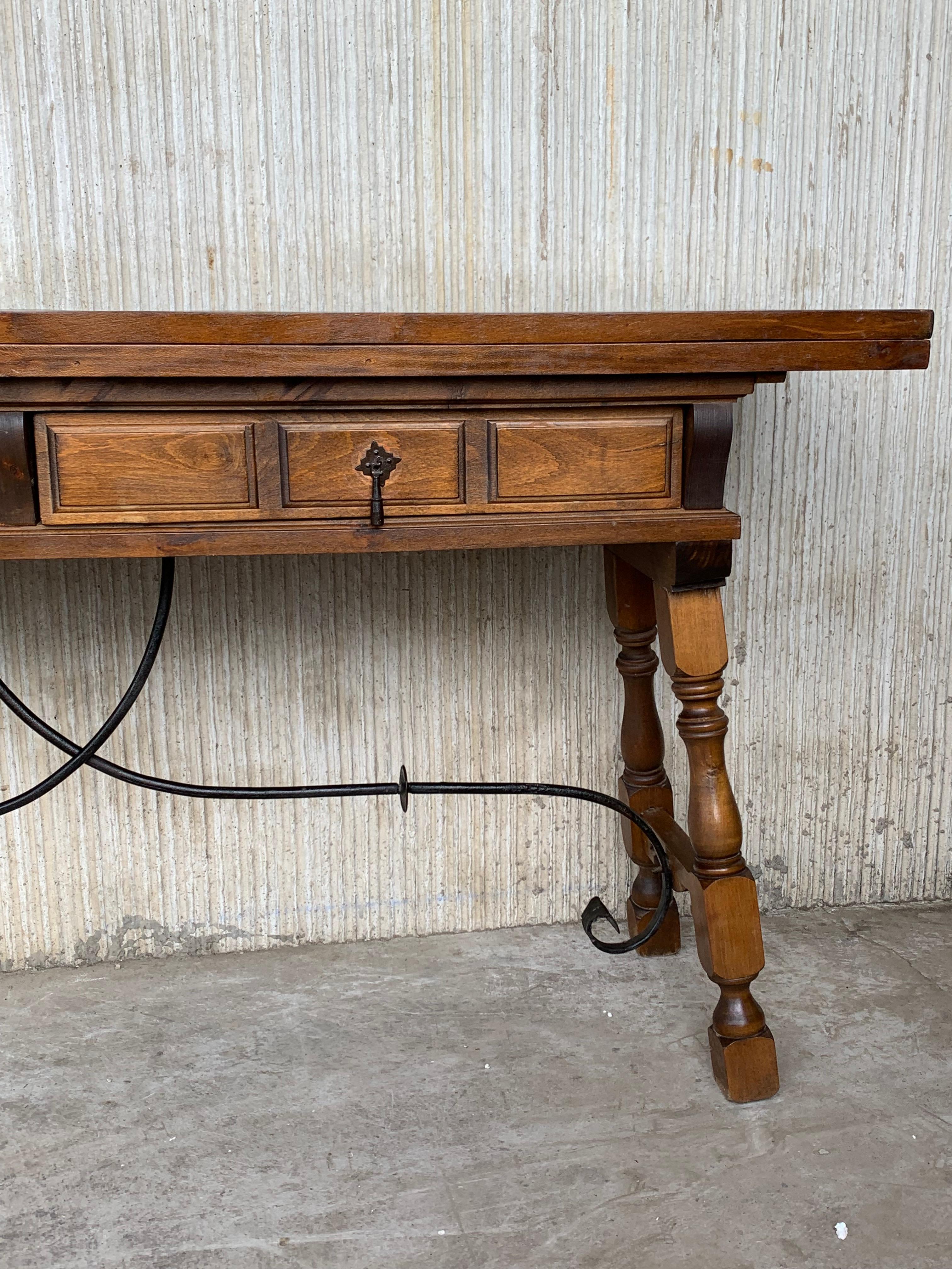 20th Century Spanish Console Fold Out Table with Iron Stretcher and Two Drawers 5