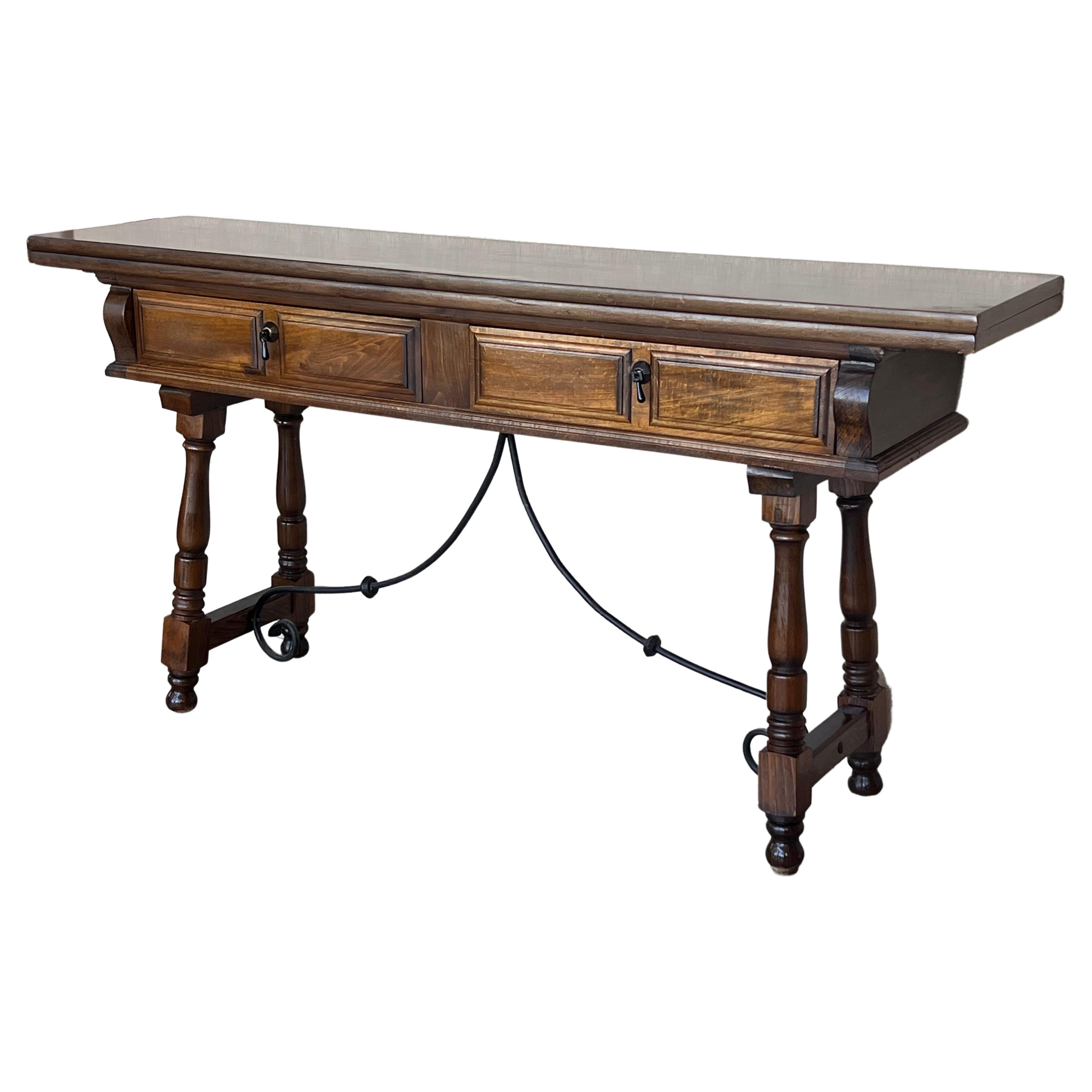 20th Century Spanish Console Fold Out Table with Iron Stretcher and Two Drawers For Sale