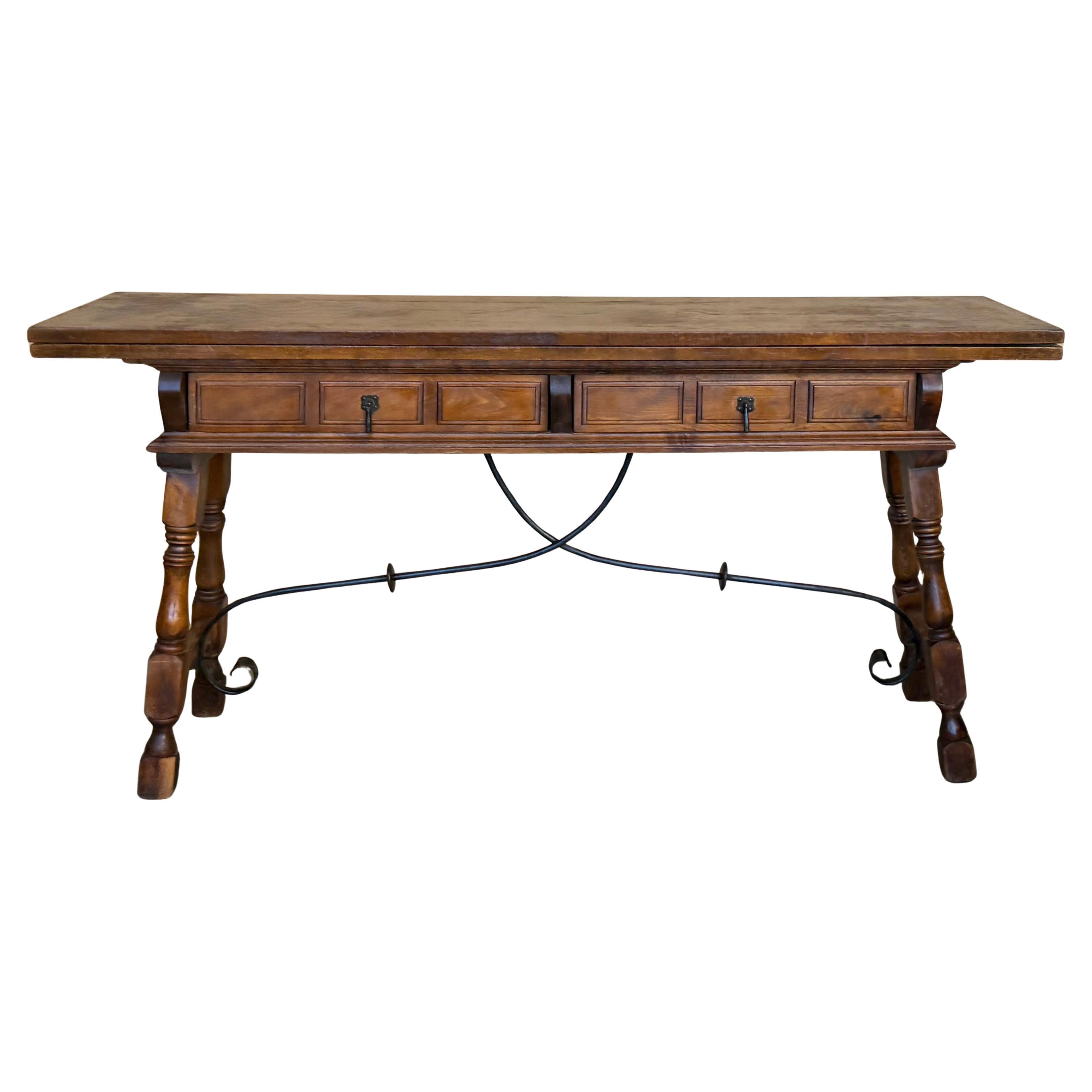 20th Century Spanish Console Fold Out Table with Iron Stretcher and Two Drawers