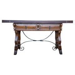 20th Century Spanish Console Fold Out Table with Iron Stretcher and Two Drawers