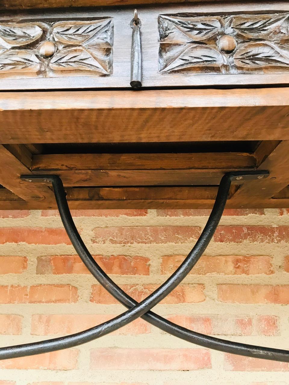 20th Century Spanish Console Fold Out Table with Iron Stretcher & Three Drawers 6