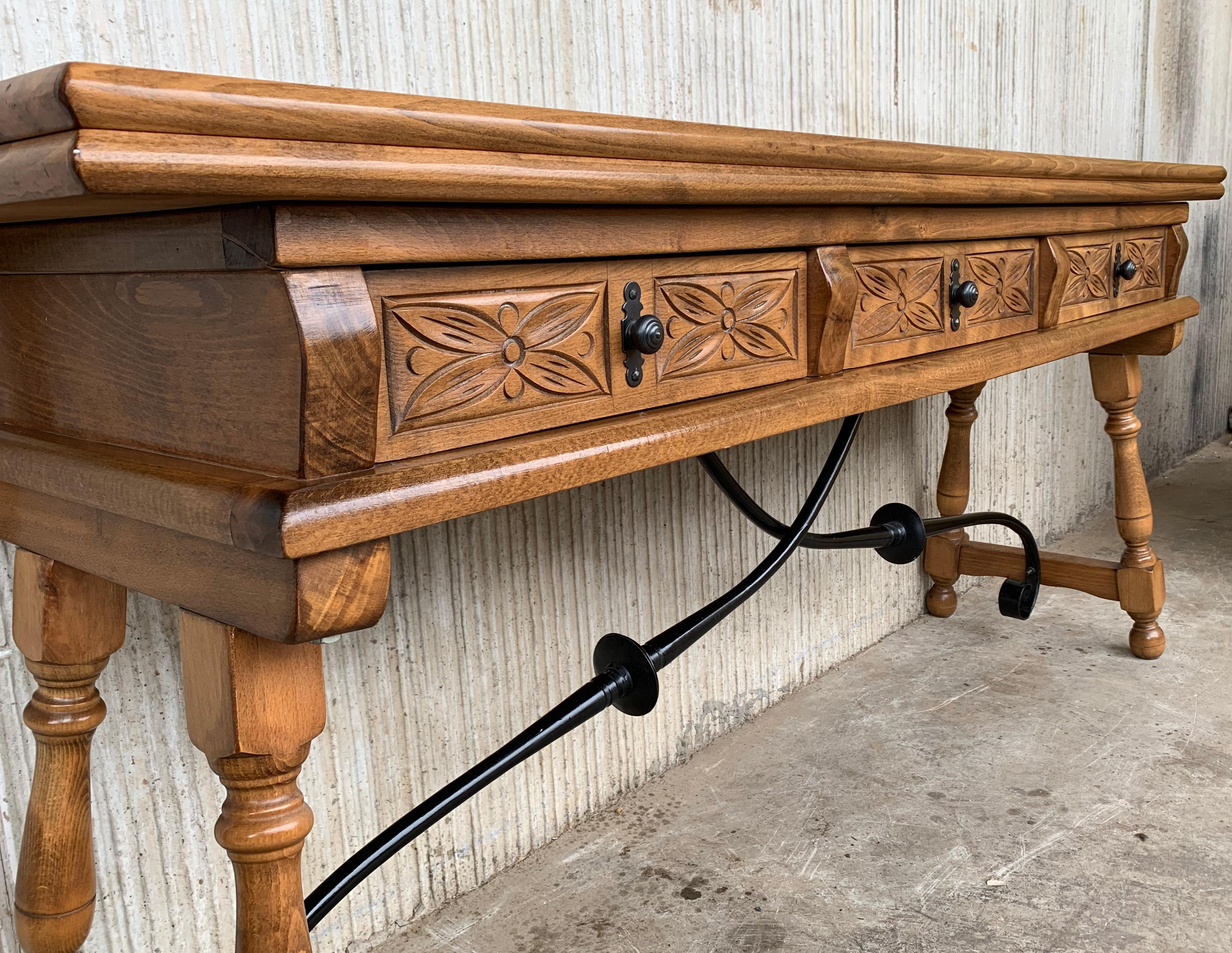 20th Century Spanish Console Fold Out Table with Iron Stretcher & Three Drawers 6