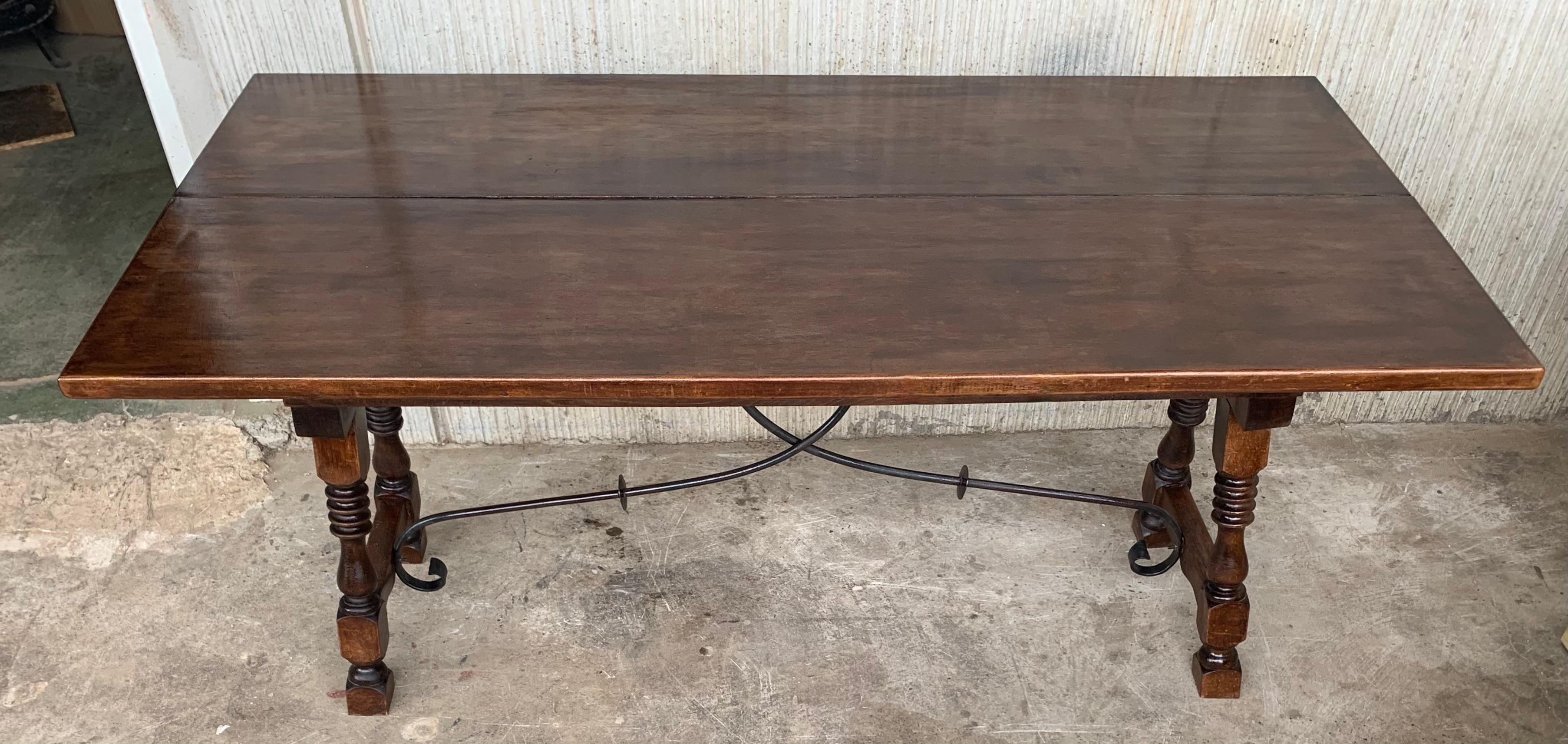 20th Century Spanish Console Fold Out Table with Iron Stretcher & Three Drawers 6