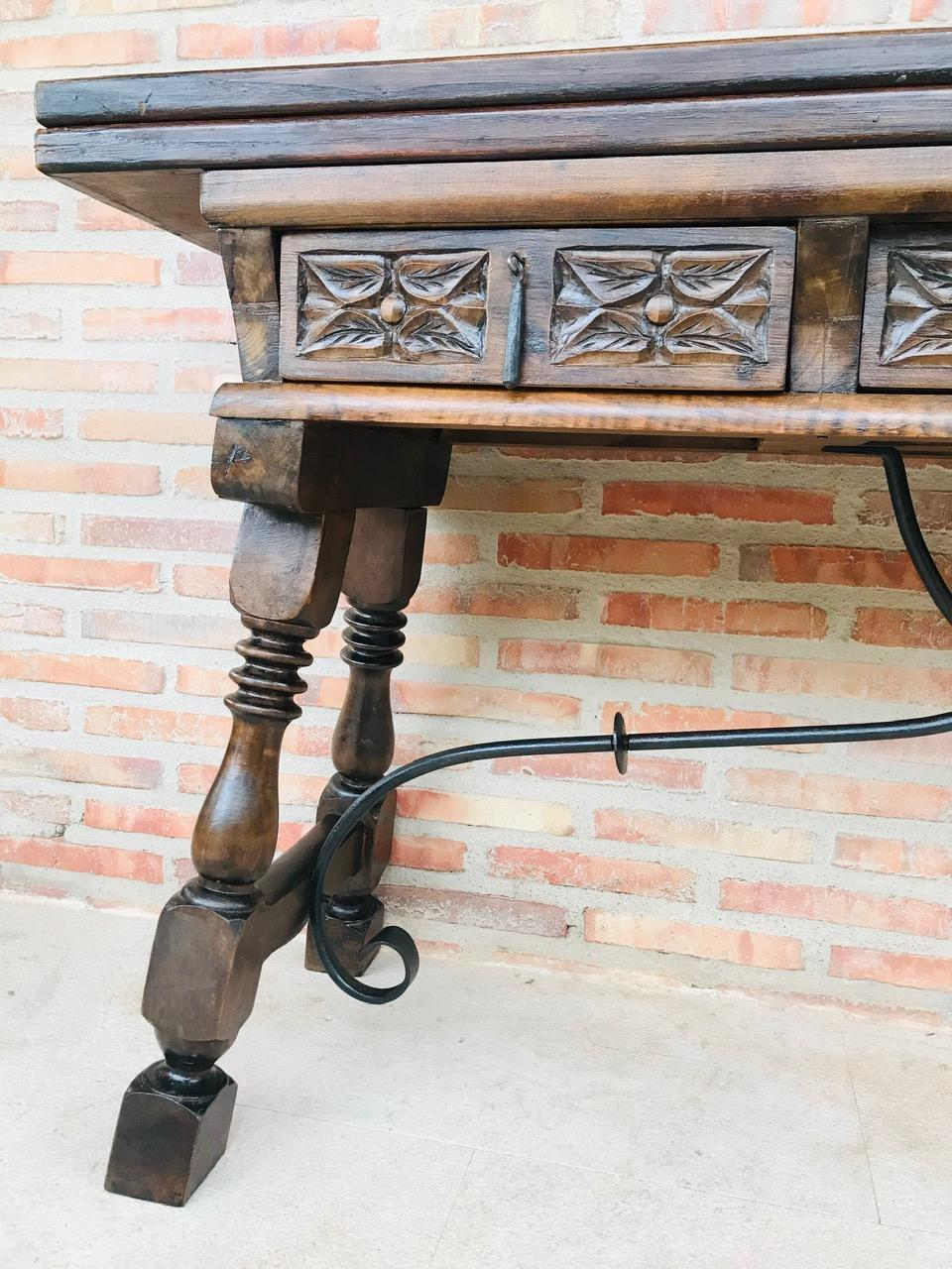 20th Century Spanish Console Fold Out Table with Iron Stretcher & Three Drawers 7