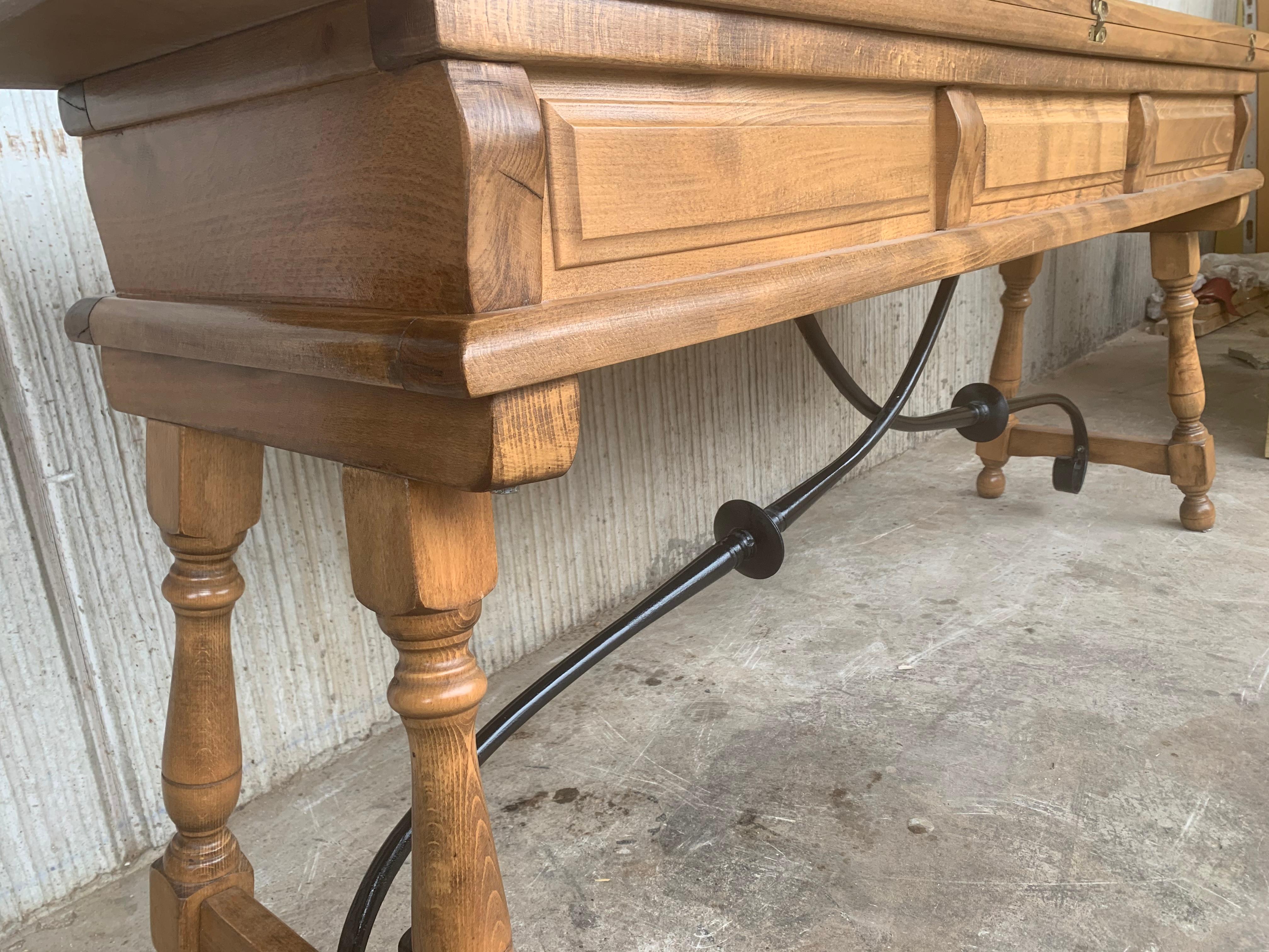 20th Century Spanish Console Fold Out Table with Iron Stretcher & Three Drawers 7