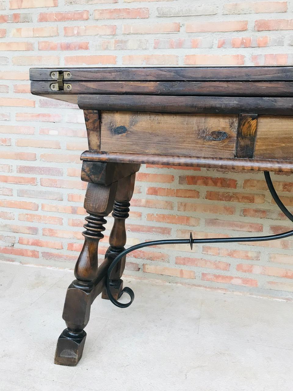 20th Century Spanish Console Fold Out Table with Iron Stretcher & Three Drawers 8