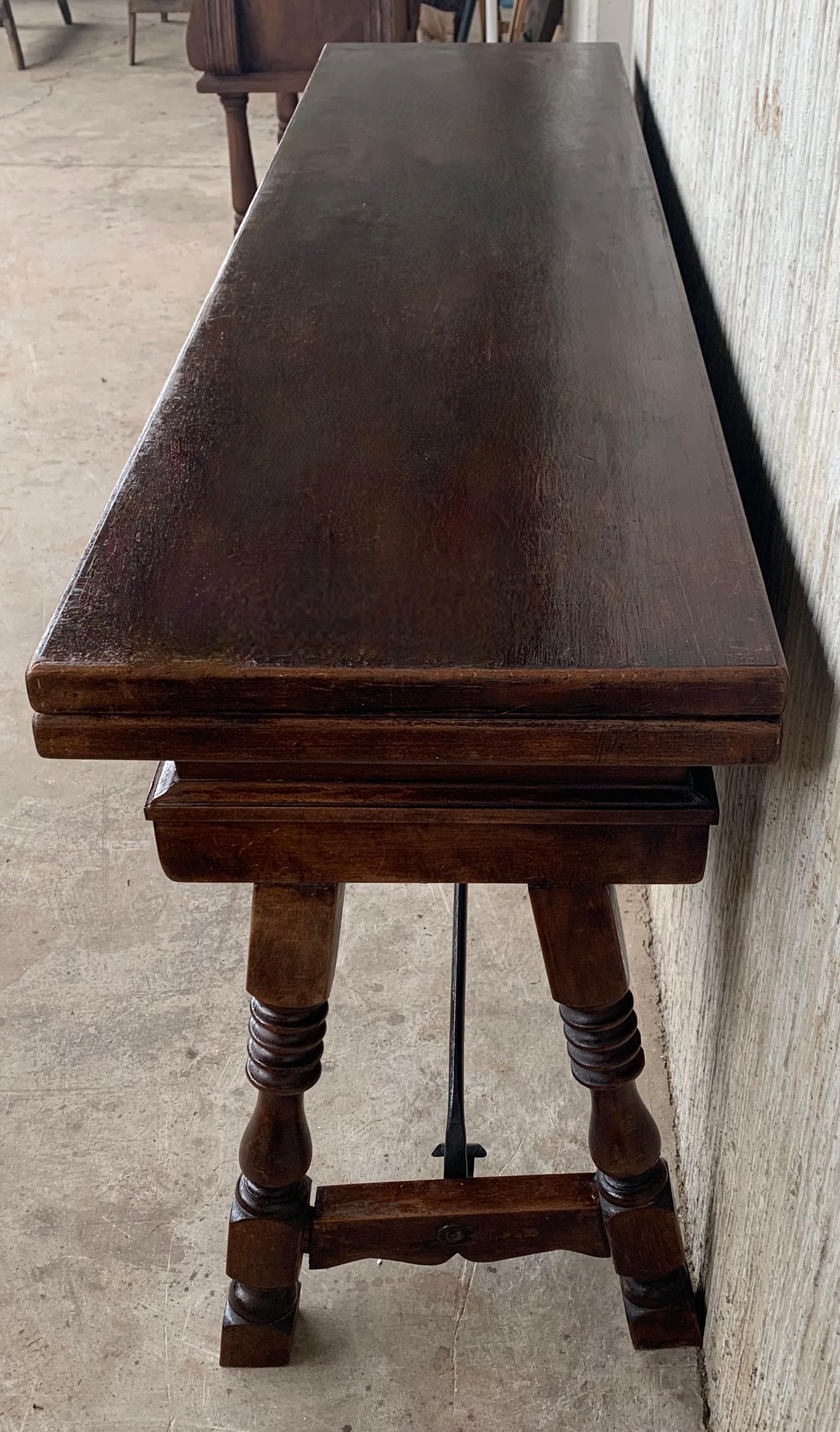 20th Century Spanish Console Fold Out Table with Iron Stretcher & Three Drawers 8