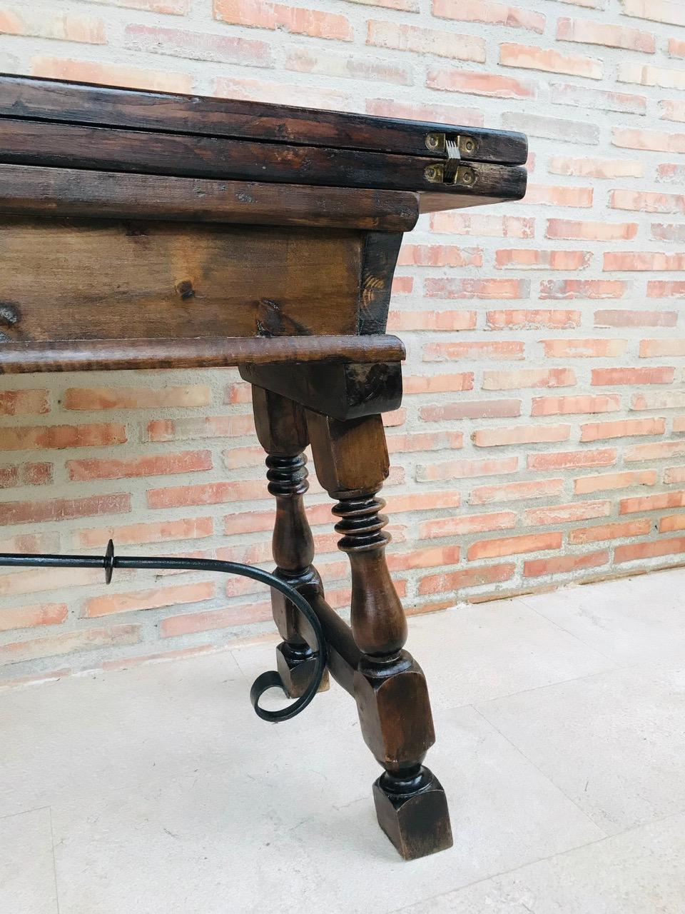 20th Century Spanish Console Fold Out Table with Iron Stretcher & Three Drawers 9