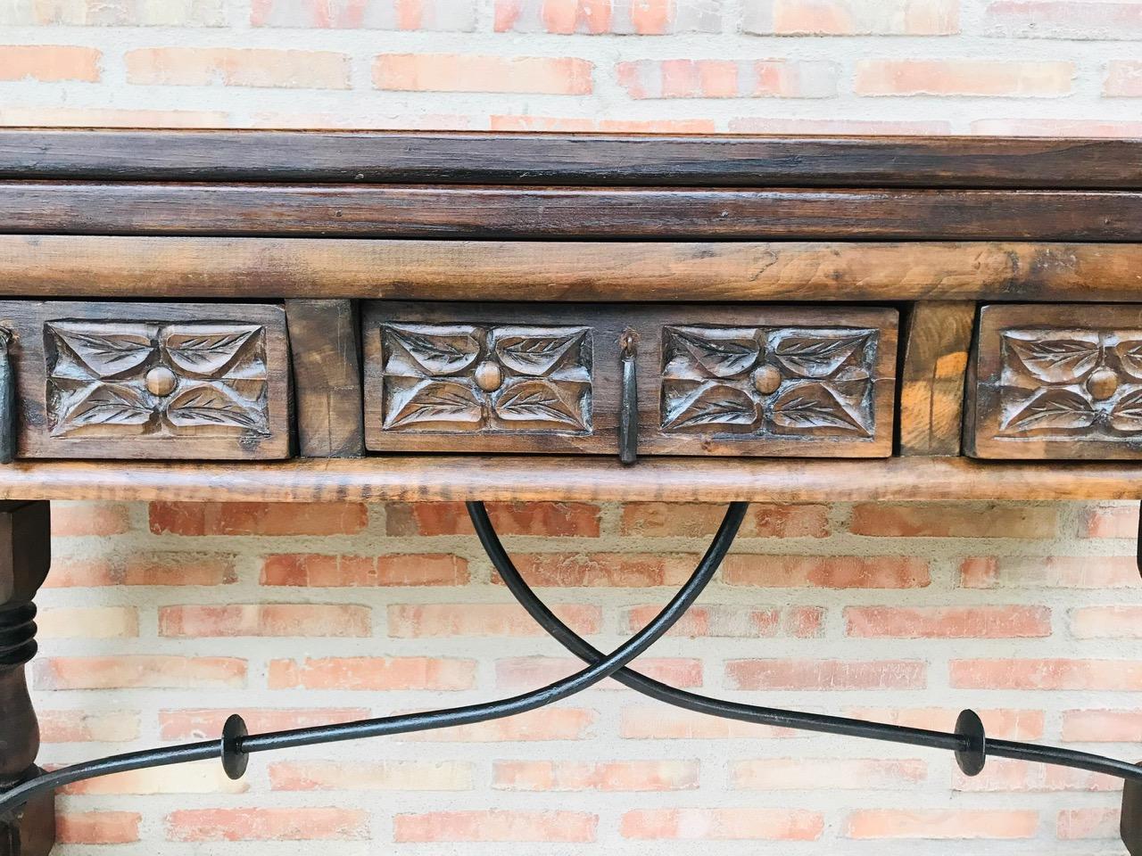 20th Century Spanish Console Fold Out Table with Iron Stretcher & Three Drawers 10