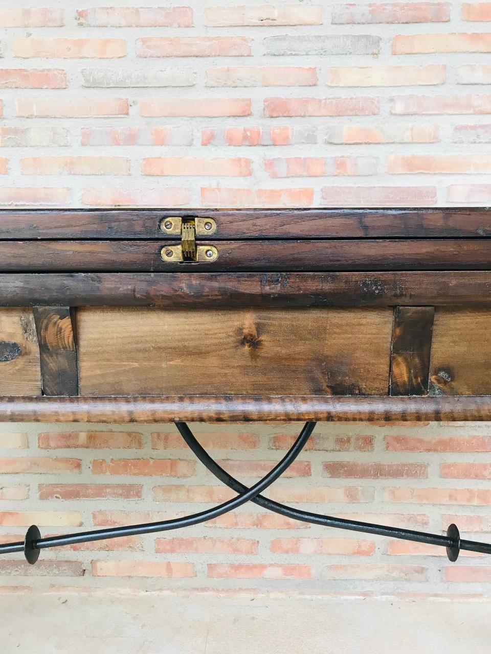 20th Century Spanish Console Fold Out Table with Iron Stretcher & Three Drawers 11