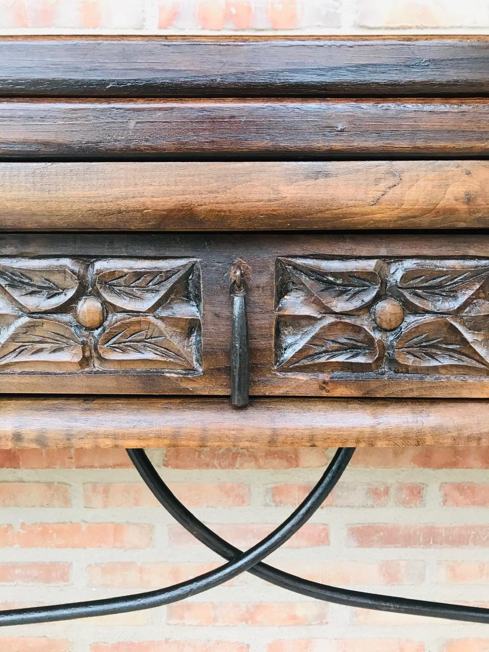 20th Century Spanish Console Fold Out Table with Iron Stretcher & Three Drawers 12