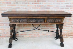 20th Century Spanish Console Fold Out Table with Iron Stretcher & Three Drawers