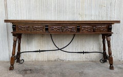 20th Century Spanish Console Fold Out Table with Iron Stretcher & Three Drawers