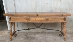 20th Century Spanish Console Fold Out Table with Iron Stretcher & Three Drawers