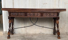 20th Century Spanish Console Fold Out Table with Iron Stretcher & Three Drawers