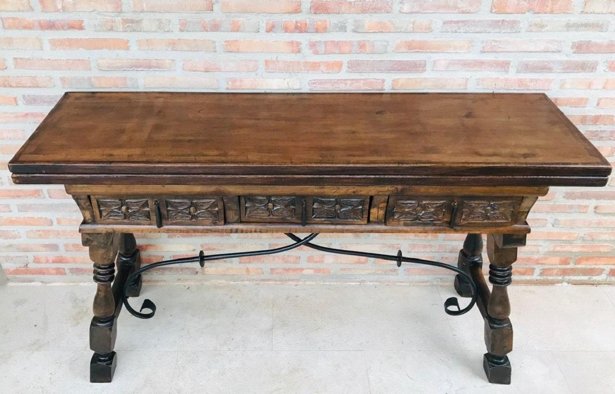 Spanish Colonial 20th Century Spanish Console Fold Out Table with Iron Stretcher & Three Drawers