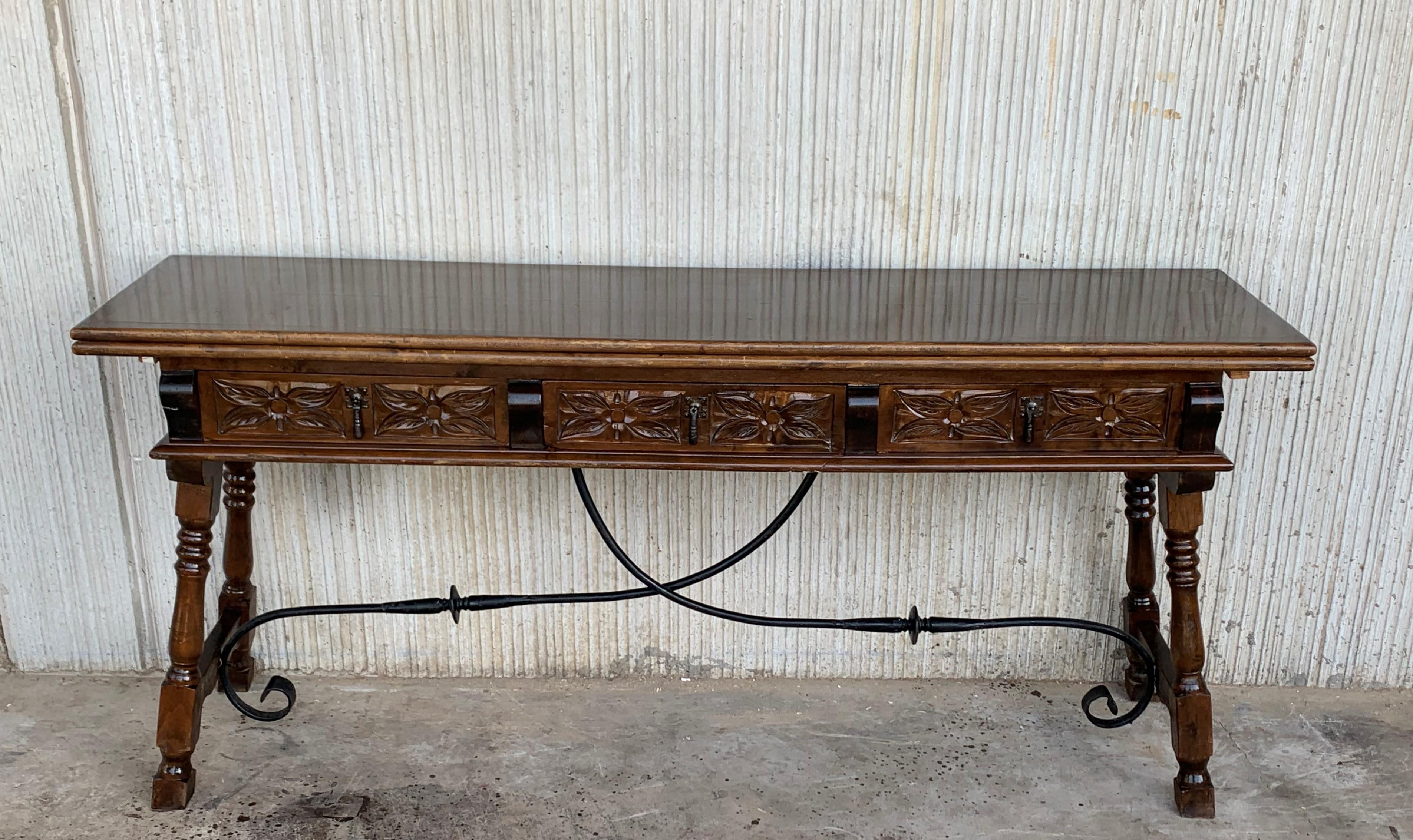 Spanish Colonial 20th Century Spanish Console Fold Out Table with Iron Stretcher & Three Drawers