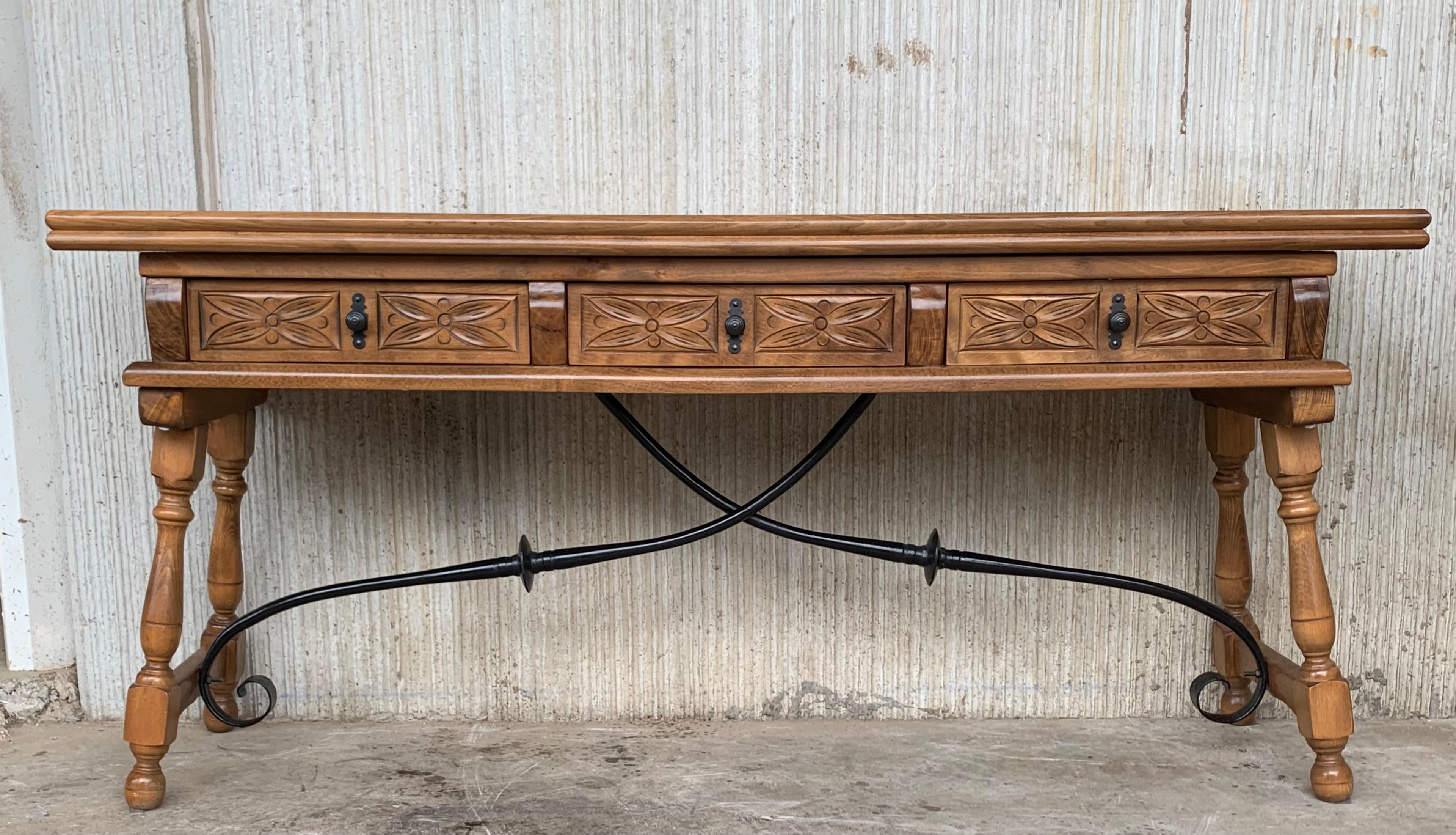 Spanish Colonial 20th Century Spanish Console Fold Out Table with Iron Stretcher & Three Drawers