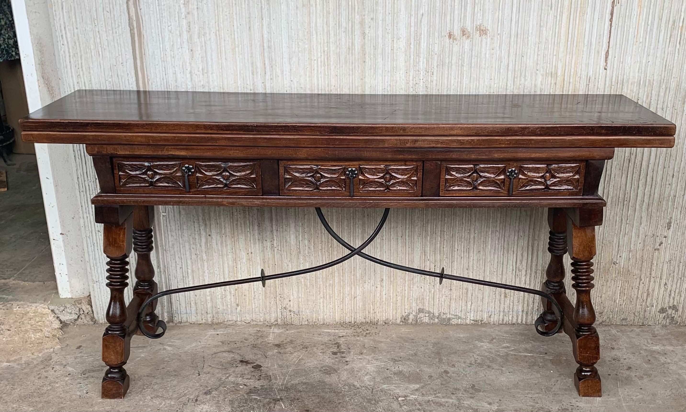 Spanish Colonial 20th Century Spanish Console Fold Out Table with Iron Stretcher & Three Drawers
