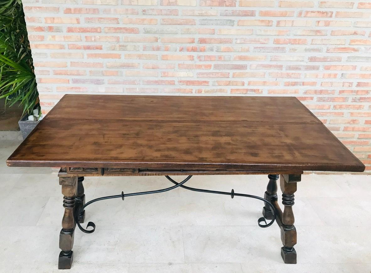 20th Century Spanish Console Fold Out Table with Iron Stretcher & Three Drawers In Good Condition In Miami, FL