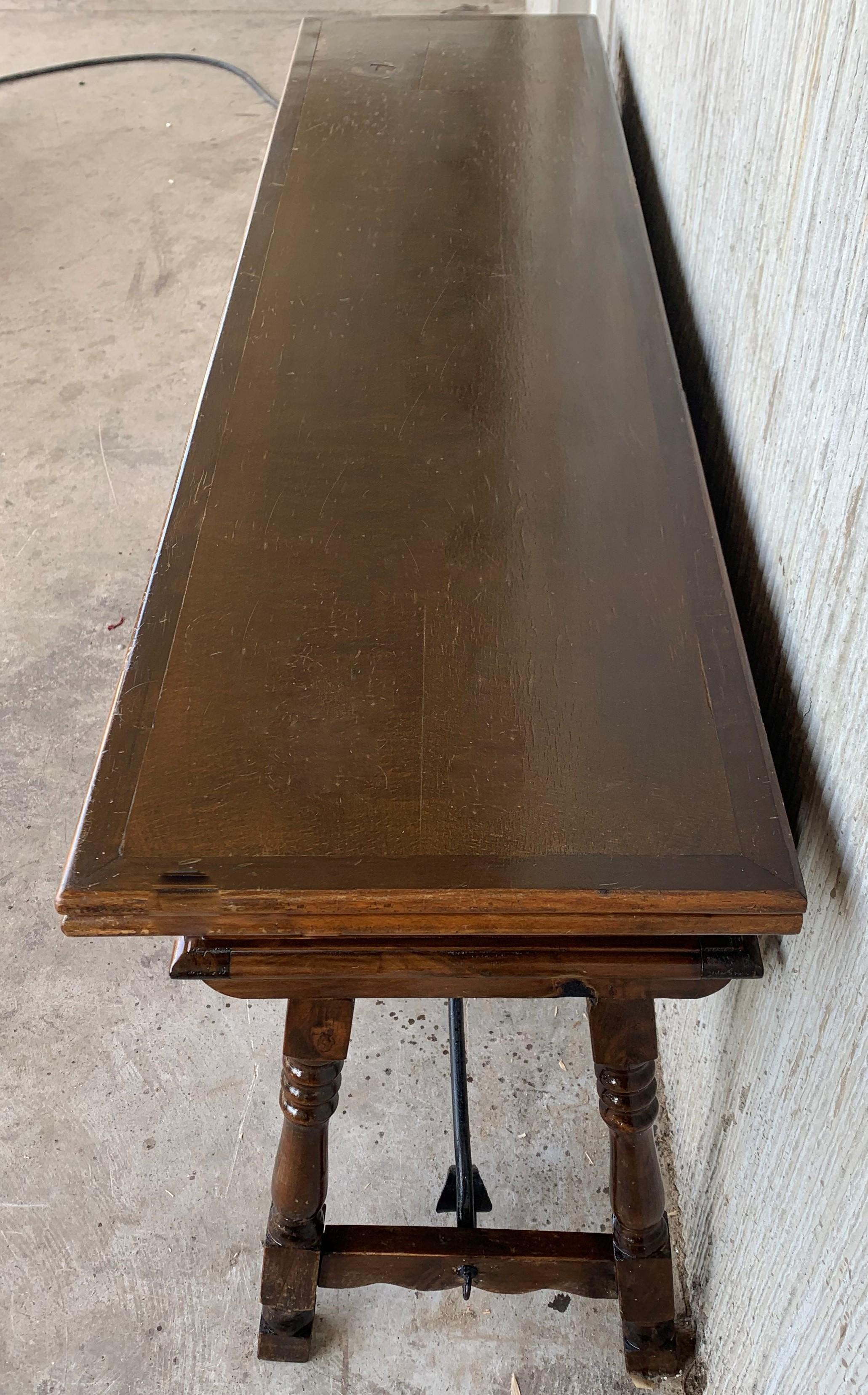 20th Century Spanish Console Fold Out Table with Iron Stretcher & Three Drawers In Good Condition In Miami, FL