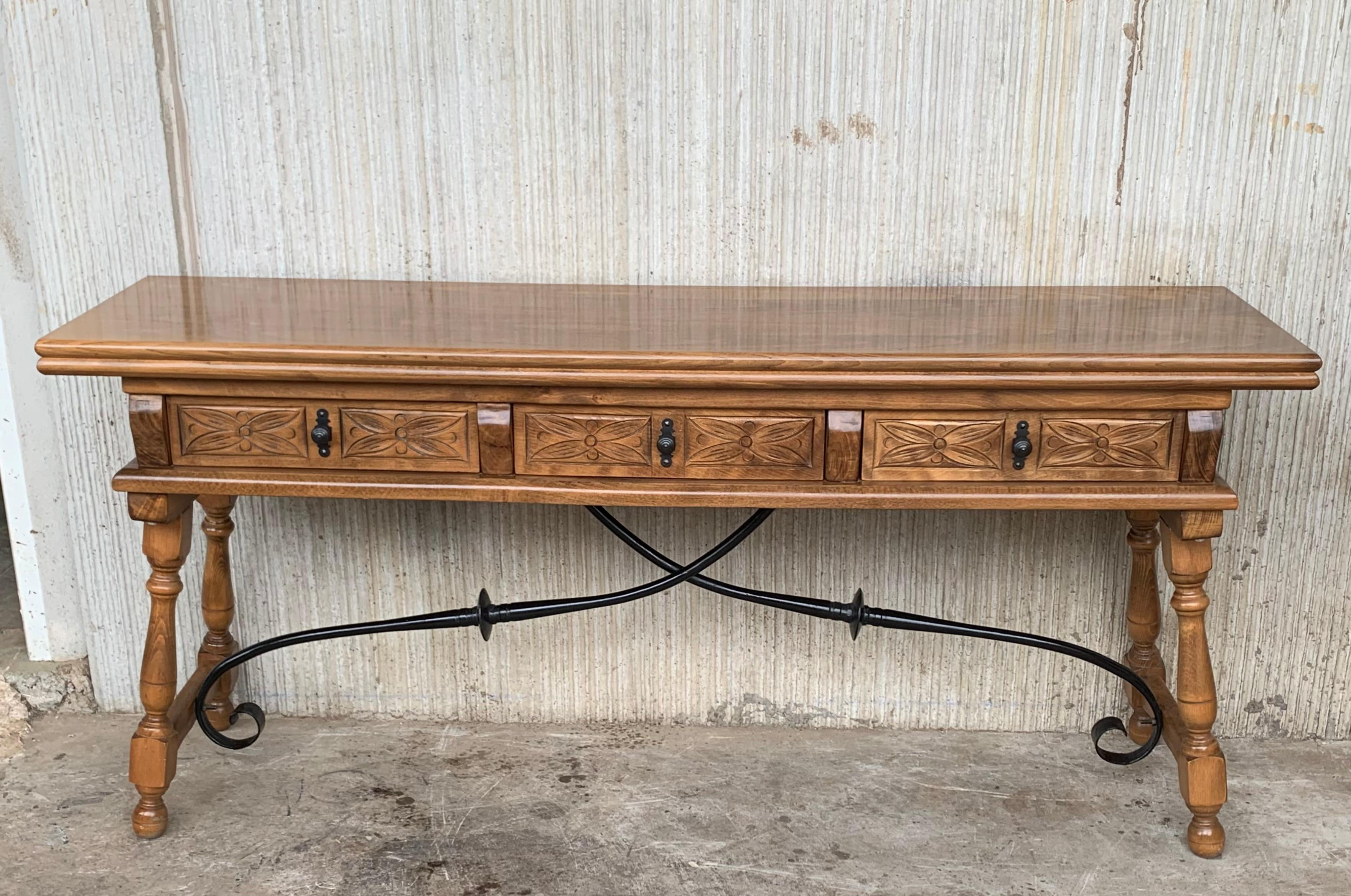 20th Century Spanish Console Fold Out Table with Iron Stretcher & Three Drawers In Good Condition In Miami, FL