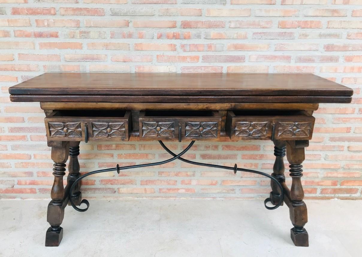 20th Century Spanish Console Fold Out Table with Iron Stretcher & Three Drawers 1