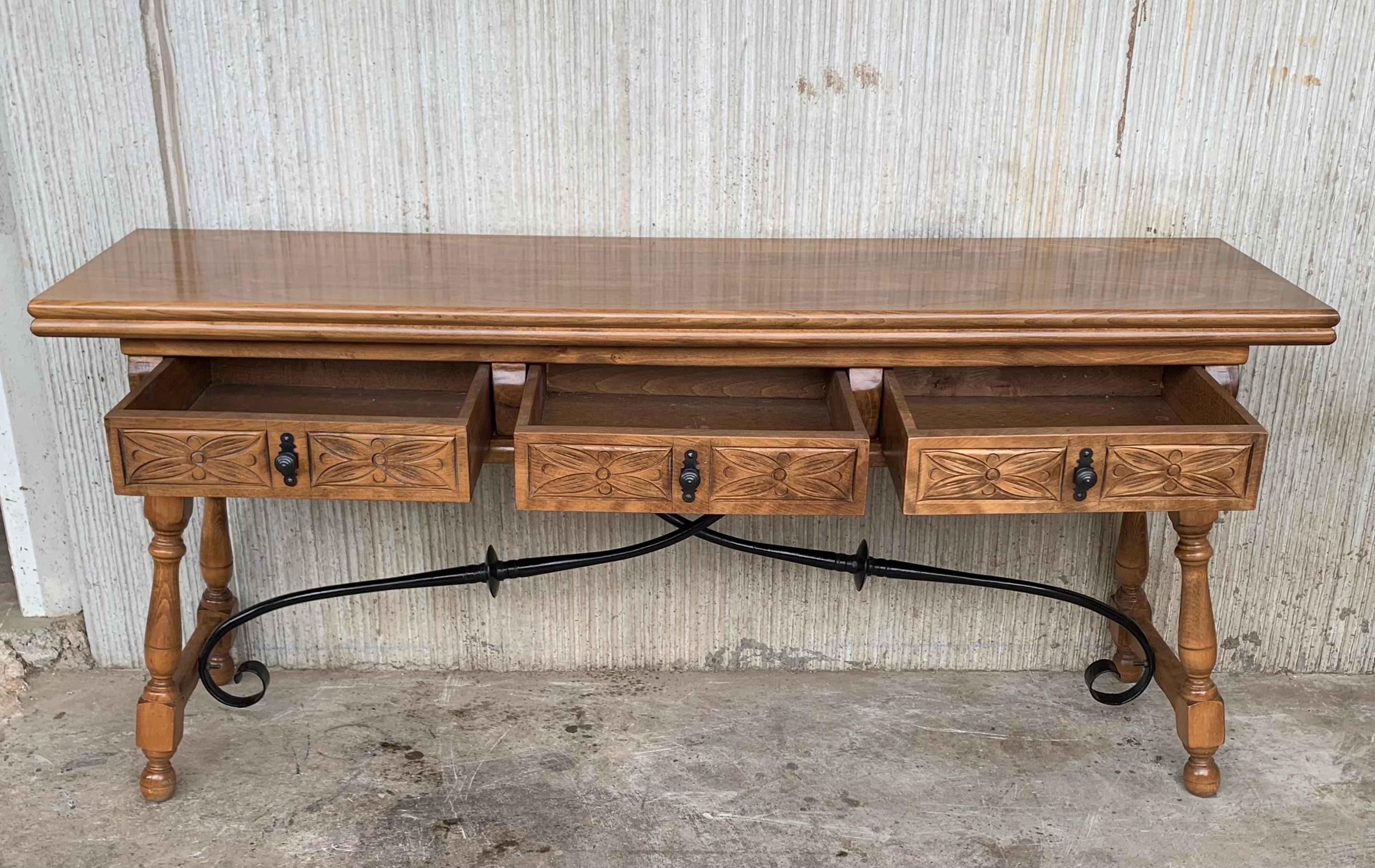 20th Century Spanish Console Fold Out Table with Iron Stretcher & Three Drawers 1