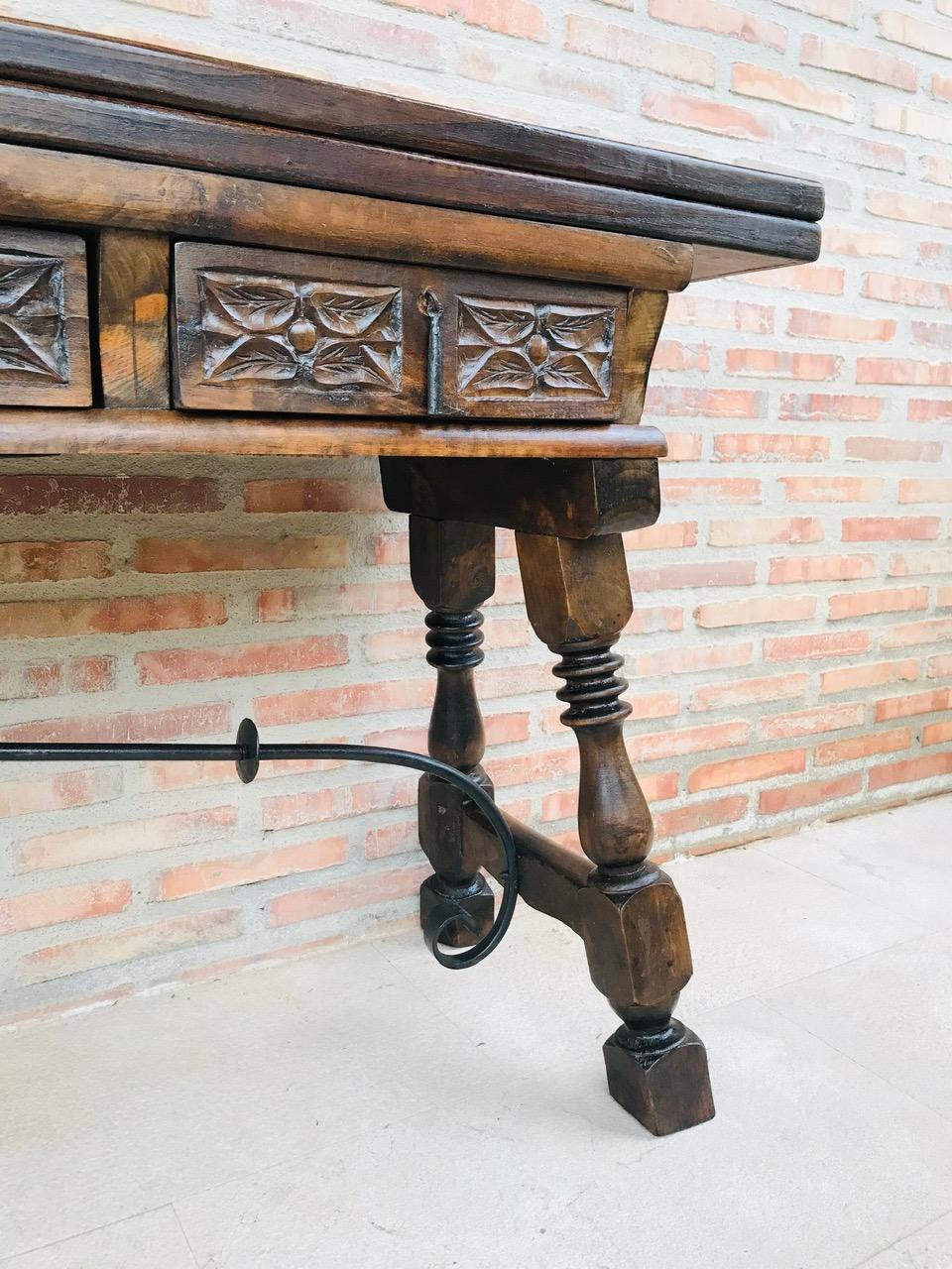 20th Century Spanish Console Fold Out Table with Iron Stretcher & Three Drawers 2