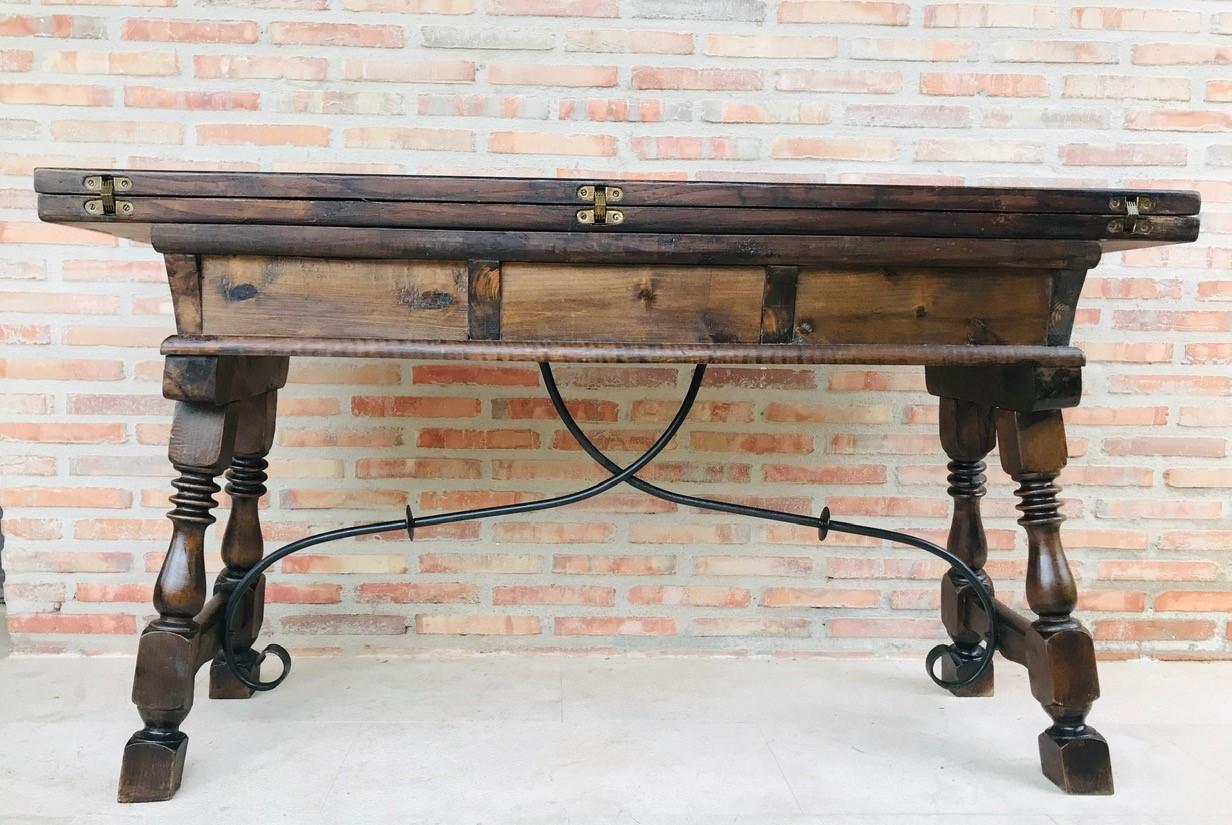 20th Century Spanish Console Fold Out Table with Iron Stretcher & Three Drawers 3
