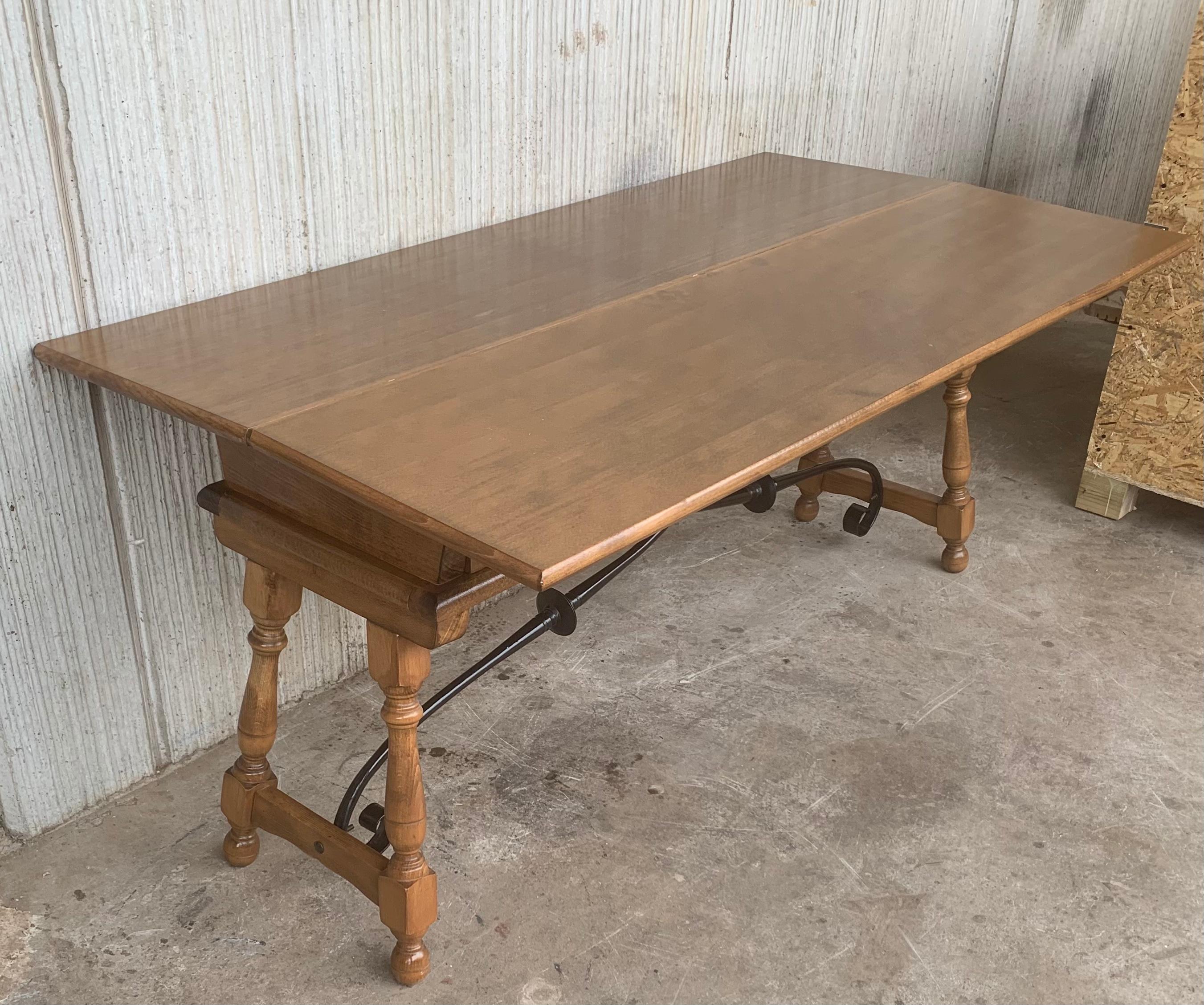 20th Century Spanish Console Fold Out Table with Iron Stretcher & Three Drawers 3