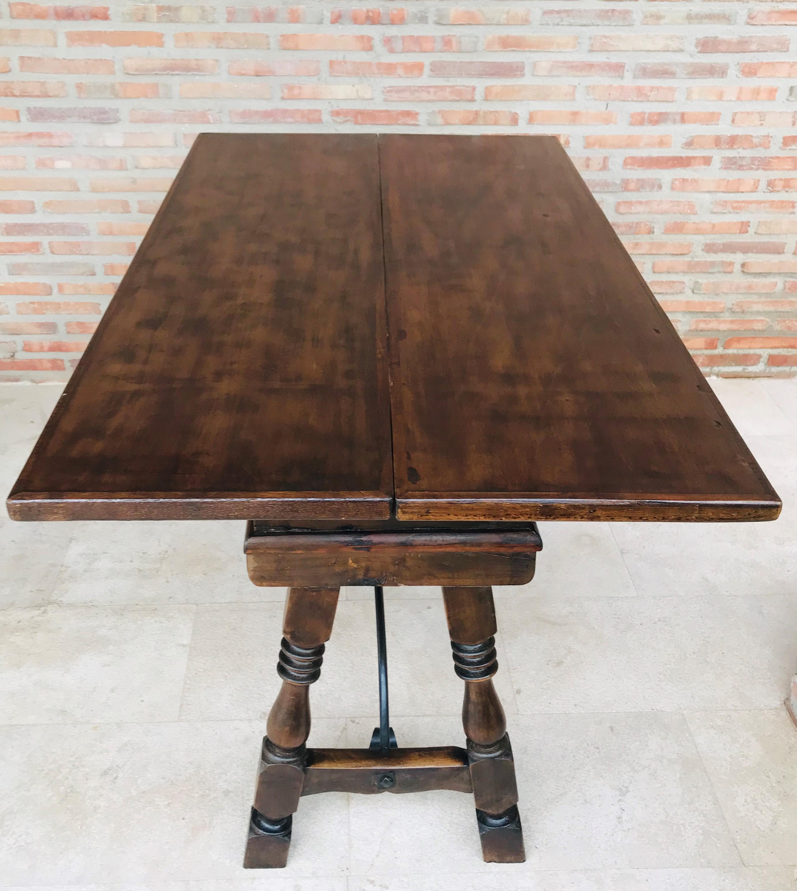 20th Century Spanish Console Fold Out Table with Iron Stretcher & Three Drawers 4