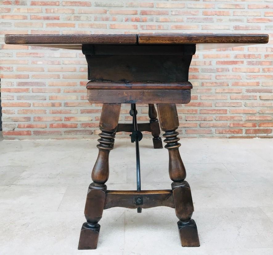 20th Century Spanish Console Fold Out Table with Iron Stretcher & Three Drawers 5