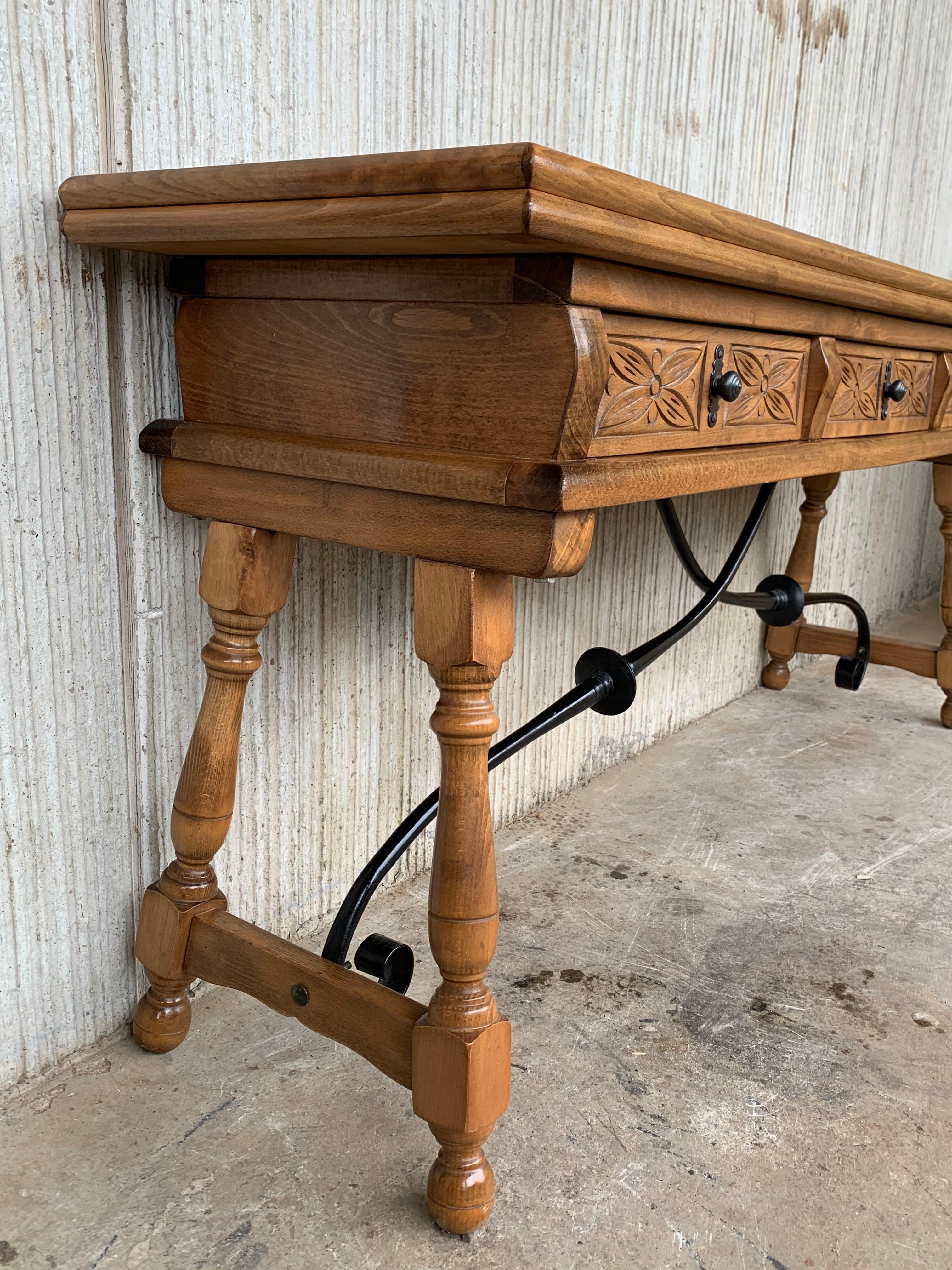 20th Century Spanish Console Fold Out Table with Iron Stretcher & Three Drawers 5