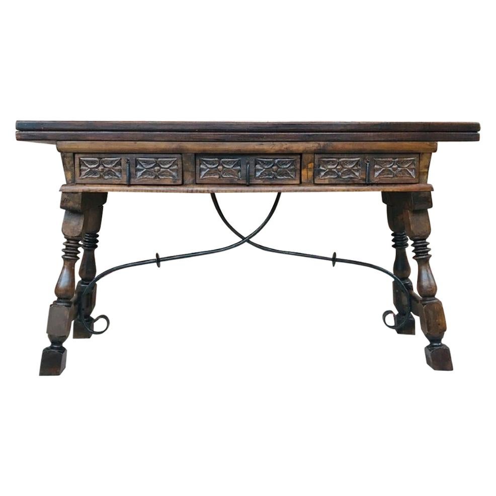 20th Century Spanish Console Fold Out Table with Iron Stretcher & Three Drawers