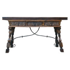 20th Century Spanish Console Fold Out Table with Iron Stretcher & Three Drawers