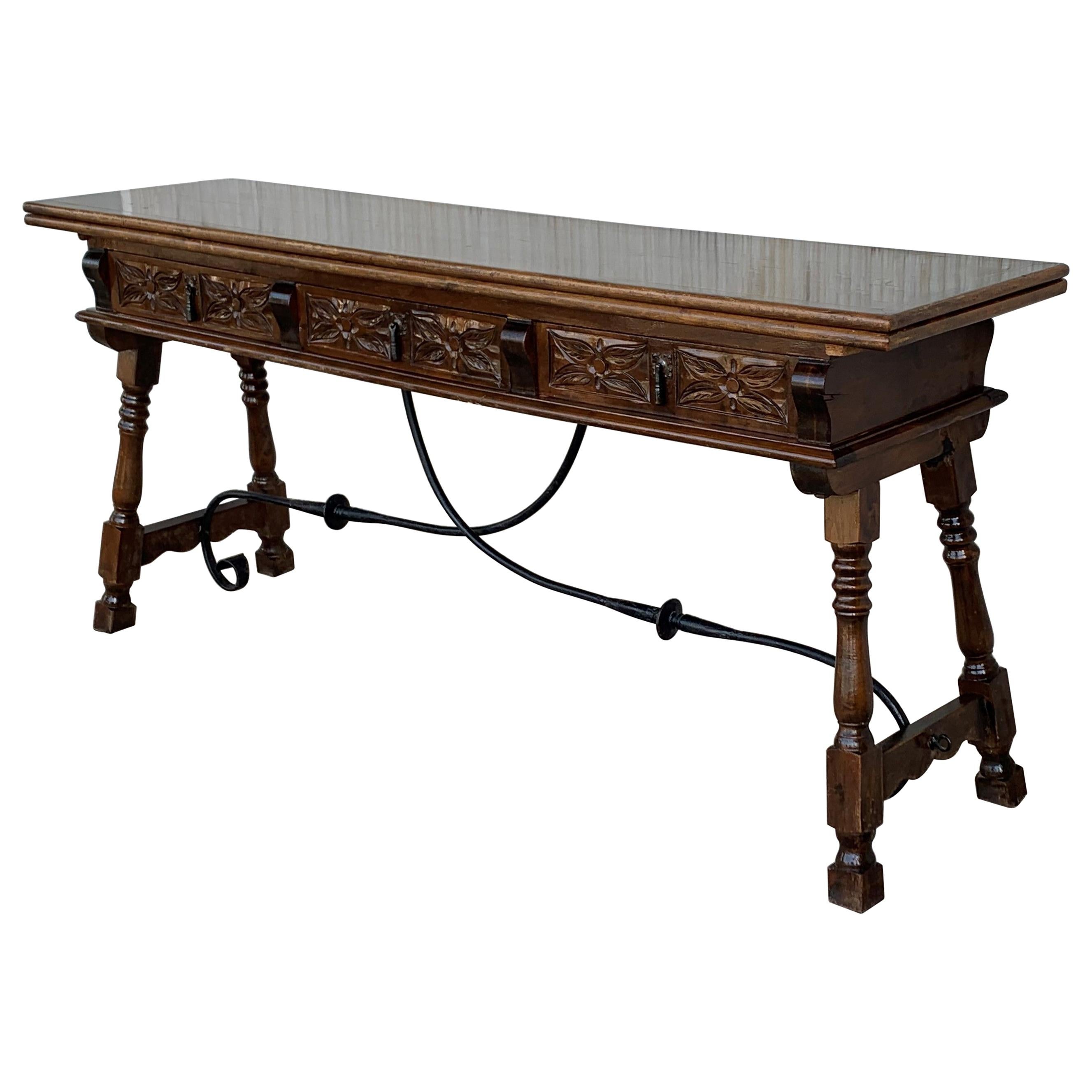 20th Century Spanish Console Fold Out Table with Iron Stretcher & Three Drawers