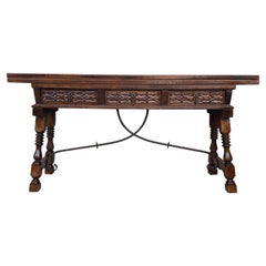 20th Century Spanish Console Fold Out Table with Iron Stretcher & Three Drawers